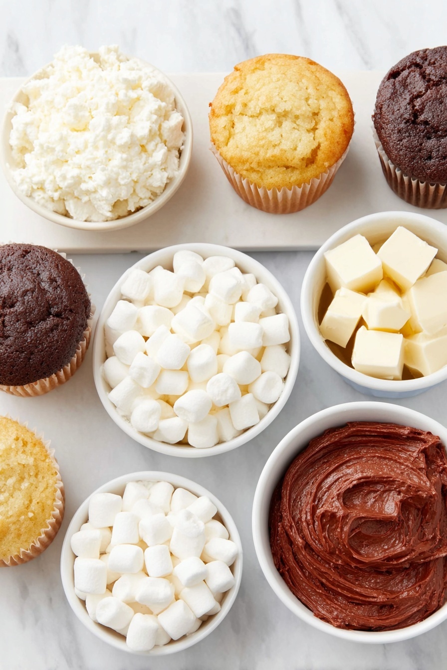 Flat lay of twelve plain cupcakes with golden and chocolate tops, a small white bowl filled with vibrant red frosting, and a scattering of fresh mini marshmallows neatly cut in half, all arranged with clean, natural symmetry on a simple white ceramic plate and bowls, placed on a clean white marble surface, soft natural light, photo taken with an iPhone, professional food photography style, fresh ingredients, white ceramic bowls, no bottles, no duplicates, no utensils, no packaging --ar 2:3 --v 7 --p m7354615311229779997 - Santa Hat Cupcakes with Red Frosting, festive cupcake ideas, Christmas holiday treats, easy holiday baking, cute Christmas dessert ideas