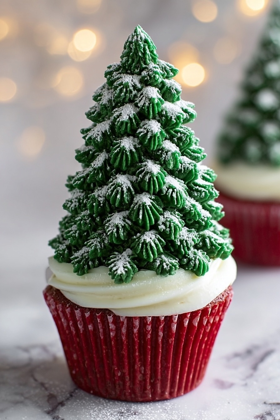 A red cupcake liner holds a cupcake topped with a smooth, thick layer of white frosting that forms a round base. Sitting on top is a tall, cone-shaped Christmas tree made of green frosting piped in layers that look like many small, spiked leaves. The green frosting is dusted with white powder, giving it a snowy effect. The cupcake is placed on a white marbled surface with soft, blurred lights in the background. photo taken with an iphone --ar 2:3 --v 7 - Christmas Tree Cupcakes, festive holiday cupcakes, chocolate cupcakes with sugar cone trees, Christmas cupcake decorating ideas, holiday dessert recipes