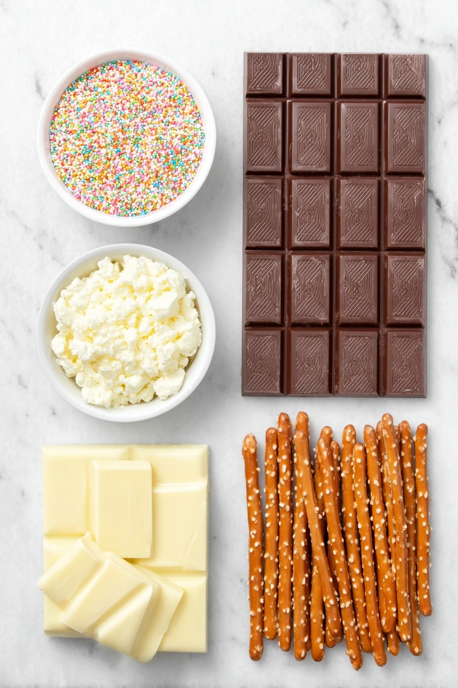Flat lay of a large piece of shiny dark chocolate bar, a smaller piece of creamy white chocolate bar, a small white ceramic bowl filled with colorful mini round sprinkles, and eight natural pretzel sticks neatly arranged side by side, all placed on a clean white marble surface, soft natural light, photo taken with an iPhone, professional food photography style, fresh ingredients, white ceramic bowls, no bottles, no duplicates, no utensils, no packaging --ar 2:3 --v 7 --p m7354615311229779997 - Christmas Chocolate Tree Treats, holiday chocolate desserts, festive Christmas treats, easy holiday Chocolates, kids Christmas treats