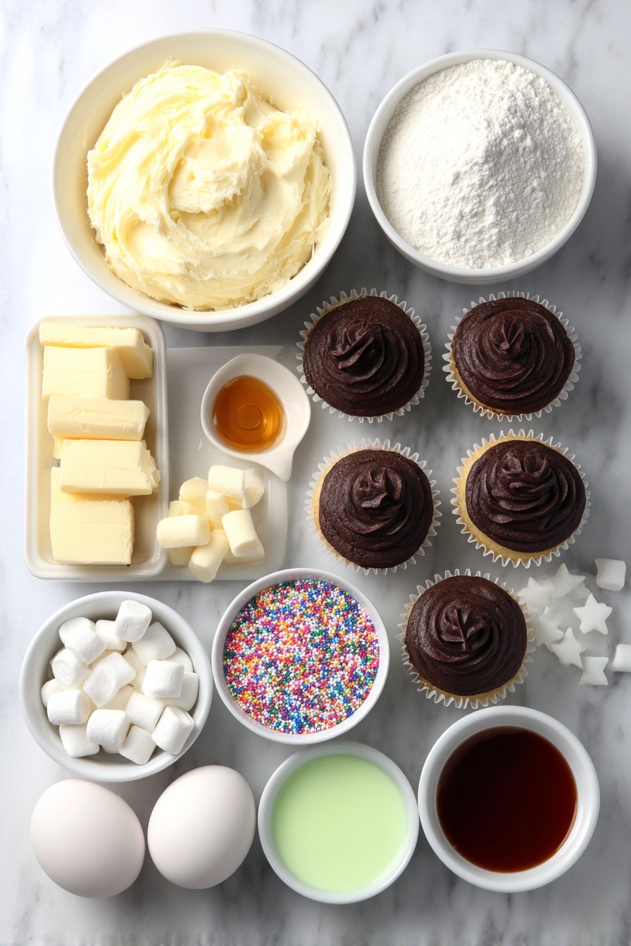 Flat lay of a dozen vanilla cupcakes and chocolate cupcakes with golden brown tops, a large white ceramic bowl filled with creamy pale yellow unsalted butter, a medium white ceramic bowl heaped with fine white powdered sugar, a small white ceramic bowl containing clear heavy cream, a small white ceramic bowl holding amber vanilla extract, a small white ceramic bowl filled with fine white salt crystals, a small white ceramic bowl with vibrant green gel icing, a small white ceramic bowl with deep red gel icing, a small white ceramic bowl with rich brown gel icing, a handful of white marshmallows, smooth milk chocolate chunks for melting, colorful star sprinkles, large white round nonpareil sprinkles, colorful small round nonpareil sprinkles, round red sprinkles, black and orange food pens (visualized as simple black and orange marker tips with no packaging), and whole clean brown eggs placed symmetrically, all arranged with perfect balance and symmetry on a clean white marble surface, soft natural light, photo taken with an iPhone, professional food photography style, fresh ingredients, white ceramic bowls, no bottles, no duplicates, no utensils, no packaging --ar 2:3 --v 7 --p m7354615311229779997 - Christmas Cupcakes with Buttercream Frosting, holiday cupcake ideas, festive Christmas desserts, Christmas cupcake decorating, easy Christmas cupcake recipe