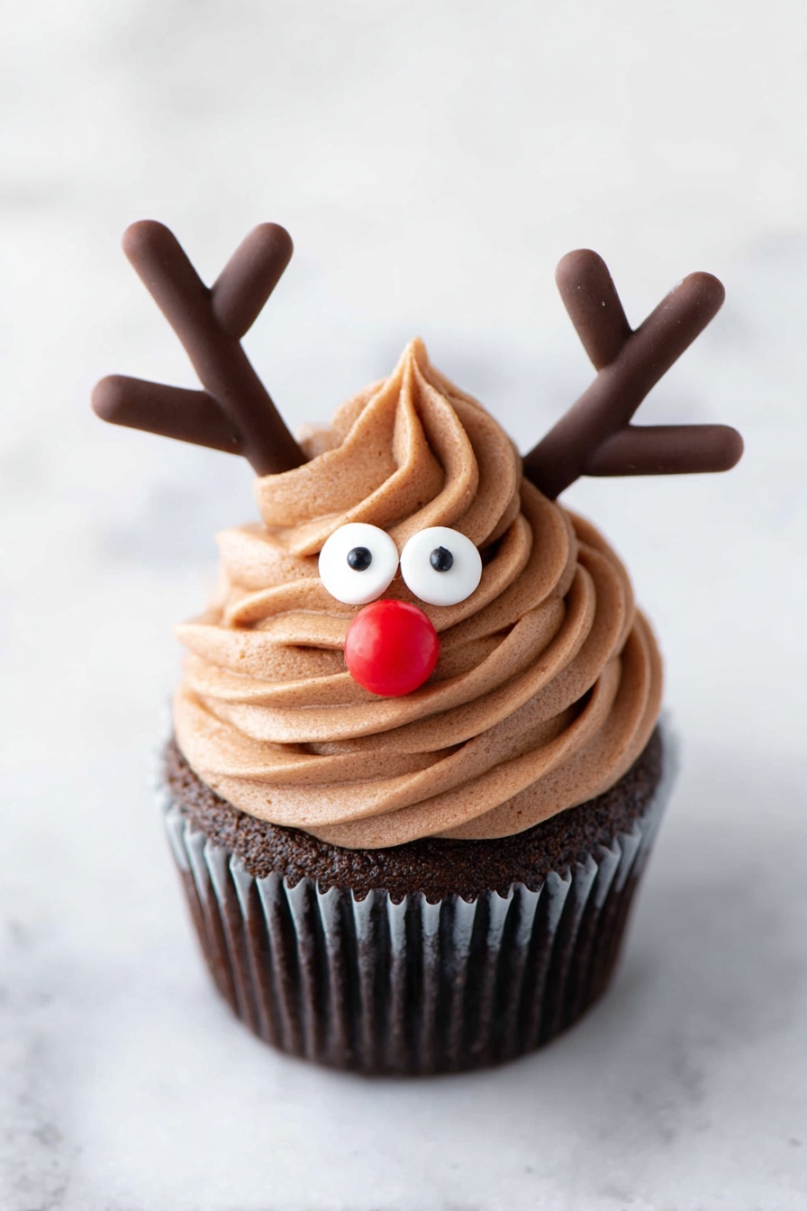 A single chocolate cupcake with three thick, smooth swirls of light brown frosting on top, forming a cone shape. On the frosting, two white candy eyes with small black pupils are placed near the top swirl, and a round red candy is centered below the eyes to resemble a nose. Two dark brown chocolate antlers stick out from each side of the frosting near the base of the top swirl. The cupcake liner is dark and slightly crinkled. It sits on a white marbled surface. photo taken with an iphone --ar 2:3 --v 7 - Christmas Cupcakes with Buttercream Frosting, holiday cupcake ideas, festive Christmas desserts, Christmas cupcake decorating, easy Christmas cupcake recipe