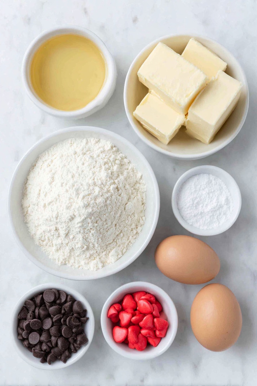 Flat lay of a small pile of white cake mix powder in a simple white ceramic bowl, a small white bowl filled with melted golden butter, two large whole brown eggs with clean shells, a small white bowl of clear vanilla extract, a small white bowl containing vibrant green gel food coloring, a small white bowl holding fine white powdered sugar, a handful of shiny red heart-shaped candies scattered beside a small white bowl of glossy semi-sweet chocolate chips, and a small white bowl with clear coconut oil, all arranged symmetrically and naturally on a clean white marble surface, soft natural light, photo taken with an iPhone, professional food photography style, fresh ingredients, white ceramic bowls, no bottles, no duplicates, no utensils, no packaging --ar 2:3 --v 7 --p m7354615311229779997 - Grinch Crinkle Cookies, festive holiday cookies, green Christmas cookies, easy Christmas treat, adorable Grinch cookie decoration