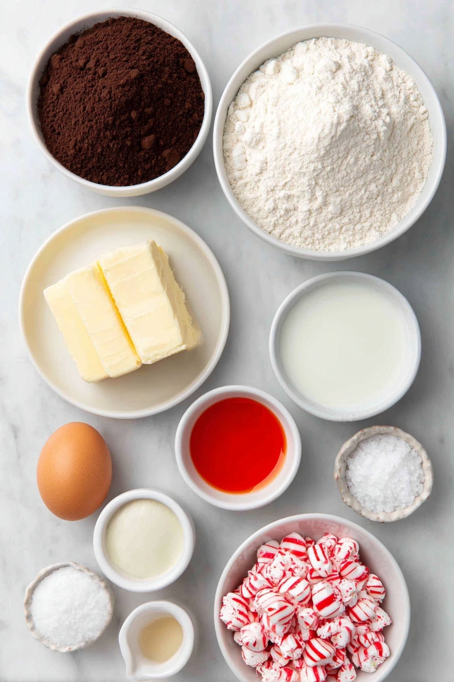 Flat lay of a small mound of all-purpose flour, a small white ceramic bowl of unsweetened cocoa powder, a small white ceramic bowl of baking powder, a small white ceramic bowl of baking soda, a small white ceramic bowl of salt, a half cup of softened unsalted butter in a white ceramic dish, a small pile of granulated sugar on a white ceramic plate, one large whole egg with a clean shell, a small white ceramic bowl of vanilla extract, a small white ceramic bowl containing vibrant red gel food coloring, a small white ceramic bowl of buttermilk, a neat cluster of unwrapped red and silver peppermint candy kisses, and a small white ceramic bowl filled with crushed red and white peppermint candies, all arranged with perfect symmetry and realistic proportions, placed on a clean white marble surface, soft natural light, photo taken with an iPhone, professional food photography style, fresh ingredients, white ceramic bowls, no bottles, no duplicates, no utensils, no packaging --ar 2:3 --v 7 --p m7354615311229779997 - Red Velvet Peppermint Blossoms, festive holiday cookies, peppermint holiday treats, crimson red velvet cookies, seasonal peppermint desserts