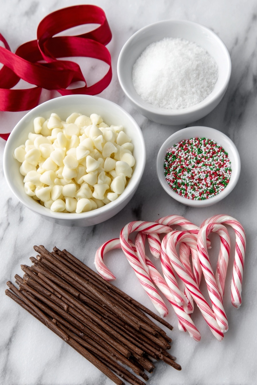 Flat lay of fresh mini candy canes with red and white stripes arranged in heart shapes, a small mound of white chocolate chips in a simple white ceramic bowl, a small white ceramic bowl with clear coconut oil, a cluster of red, green, and white festive holiday sprinkles in a small white ceramic bowl, a neat bundle of plain wooden lollipop sticks placed symmetrically, and a few vibrant red ribbons loosely coiled, all placed on a clean white marble surface, soft natural light, photo taken with an iPhone, professional food photography style, fresh ingredients, white ceramic bowls, no bottles, no duplicates, no utensils, no packaging --ar 2:3 --v 7 --p m7354615311229779997 - Festive Candy Cane Heart Lollipops, holiday candy crafts, DIY Christmas lollipops, heart-shaped candy treats, holiday gift ideas