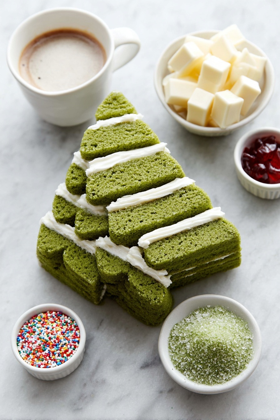 Flat lay of a stack of five fresh Christmas tree shaped cakes with green frosting and white icing layered inside, a small white ceramic bowl filled with smooth white chocolate melts, a small white ceramic bowl of bright red candy melts for drizzling, a small white ceramic bowl of colorful festive sprinkles, and a small white ceramic bowl of sparkling green sanding sugar, all arranged symmetrically on a clean white marble surface, soft natural light, photo taken with an iPhone, professional food photography style, fresh ingredients, white ceramic bowls, no bottles, no duplicates, no utensils, no packaging --ar 2:3 --v 7 --p m7354615311229779997 - Christmas Tree Cake Truffles, festive holiday treats, easy holiday desserts, Christmas dessert ideas, no-bake Christmas truffles