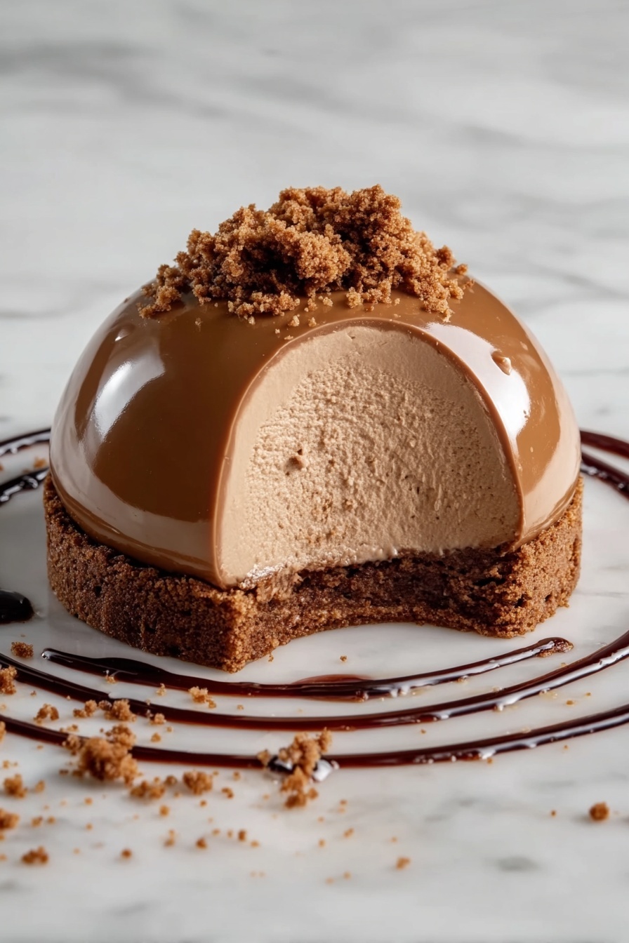 The image shows a dome-shaped dessert with three visible layers, placed on a white marbled surface. The bottom layer is a dark brown, crumbly cookie base. The middle layer is a smooth, lighter brown mousse that fills most of the dome. The top layer is a shiny and slightly darker brown glaze covering the mousse. Around the dome, there is a ring of dark chocolate sauce with crumbs scattered on and near it. Photo taken with an iphone --ar 2:3 --v 7 - Christmas Gingerbread Latte Mocha Domes, festive holiday desserts, gingerbread mocha treats, holiday dessert ideas, Christmas dessert recipes