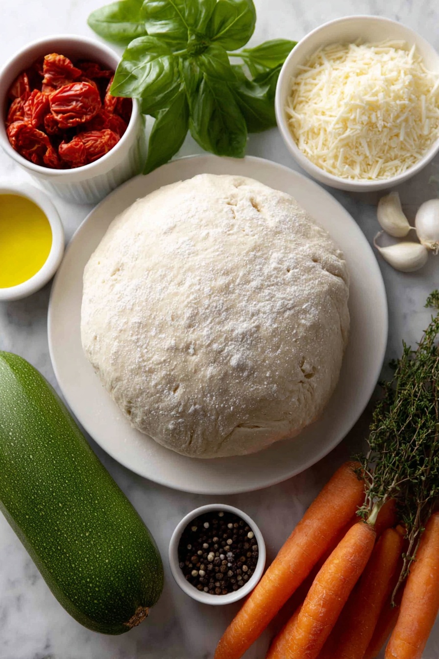 Flat lay of a smooth, unbaked pale pie crust disk on a simple white ceramic plate, a small white bowl with bright red sun-dried tomatoes, a small white bowl containing fresh shiny basil leaves, two whole uncracked garlic cloves with smooth white skins, a small white bowl filled with golden olive oil, a small white bowl holding finely shredded pale parmesan cheese, a fresh large zucchini with glossy dark green skin, a large yellow squash with vibrant yellow skin, three medium carrots with bright orange color and fresh green tops, a small white bowl with mixed fresh rosemary, thyme, and oregano sprigs, a small white bowl of coarse salt crystals, and a small white bowl of whole black peppercorns, all arranged in perfect symmetry, with natural soft light highlighting the freshness, placed on a clean white marble surface, soft natural light, photo taken with an iPhone, professional food photography style, fresh ingredients, white ceramic bowls, no bottles, no duplicates, no utensils, no packaging --ar 2:3 --v 7 --p m7354615311229779997 - Vegetable Spiral Tart, vegetable tart, veggie-packed tart, colorful vegetable tart, spiral vegetable tart