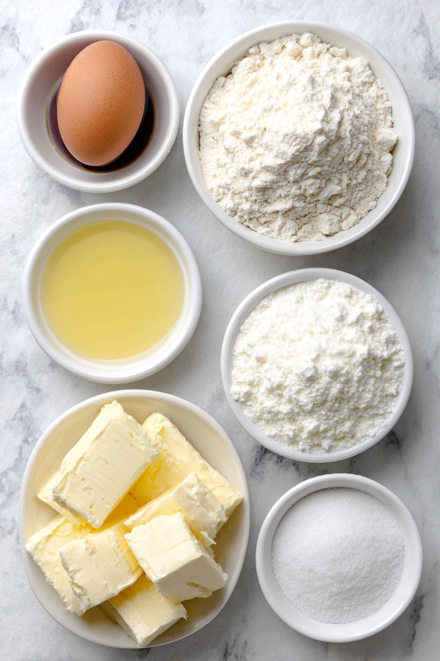 Flat lay of a small mound of all-purpose flour, a small white ceramic bowl filled with powdered sugar, a small white ceramic bowl with granulated sugar, a portion of softened unsalted butter, a single whole large egg with a clean shell, a small white ceramic bowl with clear vanilla extract liquid, a small white ceramic bowl with almond extract liquid, and a small white ceramic bowl of salt, all arranged in perfect symmetry on a clean white marble surface, soft natural light, photo taken with an iPhone, professional food photography style, fresh ingredients, white ceramic bowls, no bottles, no duplicates, no utensils, no packaging --ar 2:3 --v 7 --p m7354615311229779997 - Snowflake Cookies, Christmas cookies, holiday treats, festive baking, winter cookies