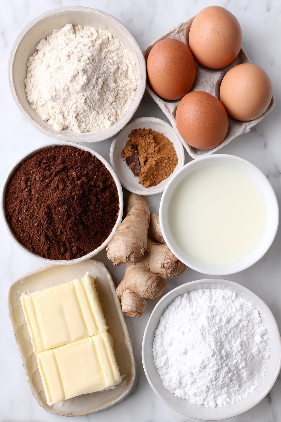 Flat lay of a small mound of all-purpose flour, a neat pile of dark brown sugar, a few warm brown ground ginger roots, a cinnamon stick and a small pile of ground cinnamon powder, a tiny heap of ground cloves, a pinch of salt crystals, whole uncracked brown eggs, a slab of unsalted butter, a small white ceramic bowl filled with glossy molasses, a small white bowl with fresh milk, a bowl of sifted powdered sugar, and a small white bowl of clear vanilla extract placed on a clean white marble surface, soft natural light, photo taken with an iPhone, professional food photography style, fresh ingredients, white ceramic bowls, no bottles, no duplicates, no utensils, no packaging --ar 2:3 --v 7 --p m7354615311229779997 - Festive Gingerbread Man Cookies, Gingerbread Man Cookies, Holiday Cookie Recipes, Christmas Baking Ideas, Spiced Gingerbread Cookies