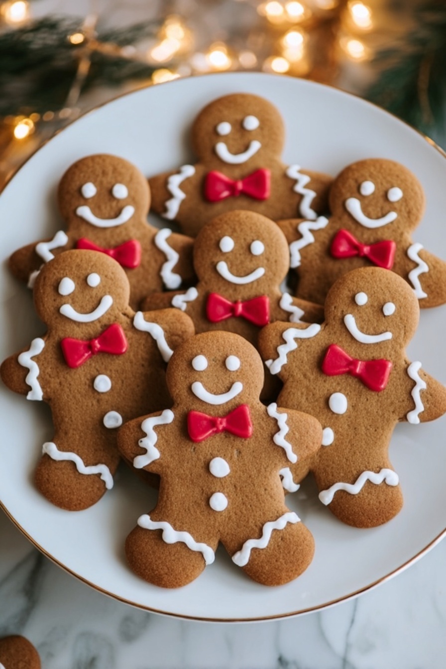 A white plate filled with several gingerbread cookies shaped like smiling people, each decorated with white icing outlining their heads, arms, and legs. They have three white buttons down the front and red bow ties made of icing. The cookies have a light brown color and smooth texture with clear details on the icing that looks slightly raised. The plate rests on a white marbled surface with soft golden lights blurred in the background, creating a warm and festive feeling. photo taken with an iphone --ar 2:3 --v 7 - Festive Gingerbread Man Cookies, Gingerbread Man Cookies, Holiday Cookie Recipes, Christmas Baking Ideas, Spiced Gingerbread Cookies