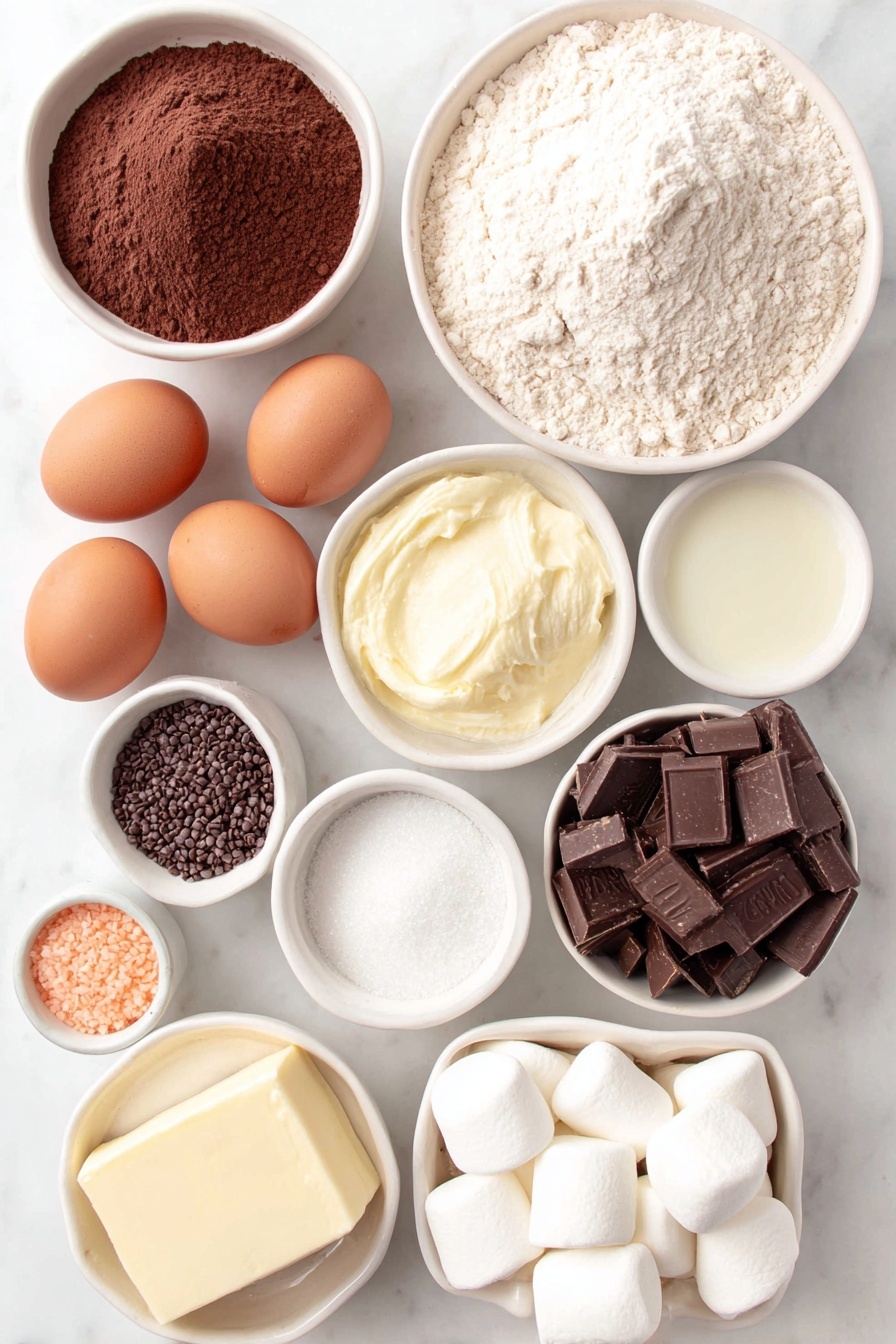 Flat lay of a small mound of all-purpose flour, a small heap of natural cocoa powder, a teaspoon of fine salt in a tiny white bowl, a half cup of unsalted butter in a small white bowl, two whole brown eggs with clean shells, a small white bowl of granulated sugar, a small white bowl of packed light brown sugar, a small white bowl of whole milk, a small white bowl of pure vanilla extract, a small white bowl of sifted powdered sugar, a small white bowl of heavy cream, twelve large white marshmallows, a small white bowl with dark chocolate sprinkles, twelve small orange candy-coated chocolates, twenty-four mini pretzel sticks halved, and thirty-six regular chocolate chips, all arranged symmetrically and balanced, placed on a clean white marble surface, soft natural light, photo taken with an iPhone, professional food photography style, fresh ingredients, white ceramic bowls, no bottles, no duplicates, no utensils, no packaging --ar 2:3 --v 7 --p m7354615311229779997 - Snowman Cupcake Muffins, festive holiday cupcakes, Christmas cupcake ideas, winter baking treats, adorable holiday muffins