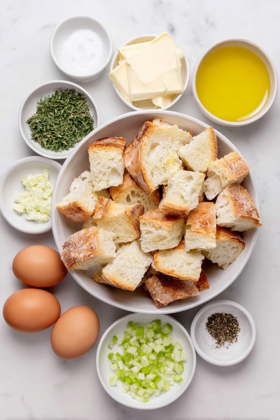 Flat lay of cubed toasted Texas toast bread piled loosely in a large white ceramic bowl, a small white ceramic bowl of melted unsalted butter, diced white onion in a neat pile, sliced celery stalks arranged in a small cluster, a small white ceramic bowl of minced fresh garlic, fresh sage leaves scattered beside minced fresh sage in a small white ceramic bowl, a small pile of minced fresh parsley, three whole brown eggs with clean shells, a small white ceramic bowl filled with golden chicken broth, a small white ceramic bowl of minced fresh thyme, a small white ceramic bowl of kosher salt crystals, a small white ceramic bowl with freshly cracked black pepper grains, all ingredients spaced evenly and symmetrically, placed on a clean white marble surface, soft natural light, photo taken with an iPhone, professional food photography style, fresh ingredients, white ceramic bowls, no bottles, no duplicates, no utensils, no packaging --ar 2:3 --v 7 --p m7354615311229779997 - Homemade Stuffing, Toasted Bread Stuffing, Herb Stuffing, Easy Stuffing Recipe, Classic Holiday Side Dish