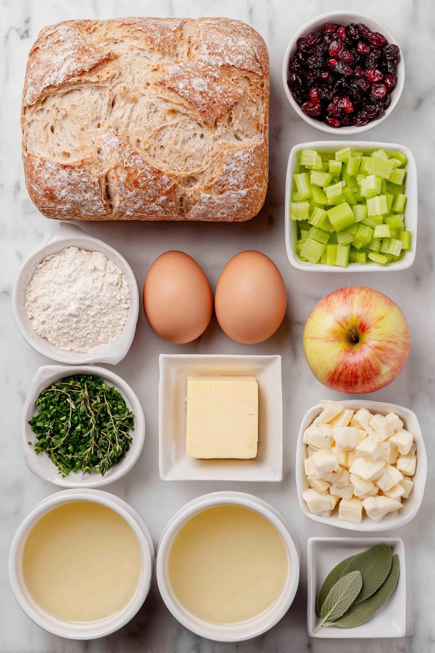 Flat lay of a small rustic loaf of artisan sourdough bread cut into cubes scattered loosely, a few bright green celery stalks diced finely, a small mound of diced yellow onion, two whole uncracked brown eggs with clean shells, a few Honeycrisp apples diced showing their red and yellow skin, a handful of glossy dried cranberries, a small pile of chopped flat leaf parsley, a small bunch of fresh thyme sprigs with tiny green leaves, a few fresh rosemary sprigs with needle-like leaves, a few fresh sage leaves finely chopped showing their soft texture, a small square pat of unsalted butter, and two small white ceramic bowls filled with pale golden chicken broth and diced butter respectively, all arranged symmetrically and naturally on a clean white marble surface, soft natural light, photo taken with an iPhone, professional food photography style, fresh ingredients, white ceramic bowls, no bottles, no duplicates, no utensils, no packaging --ar 2:3 --v 7 --p m7354615311229779997 - Cranberry Apple Stuffing, holiday stuffing with cranberries and apples, savory sweet apple cranberry stuffing, easy holiday stuffing recipe, fall-inspired stuffing