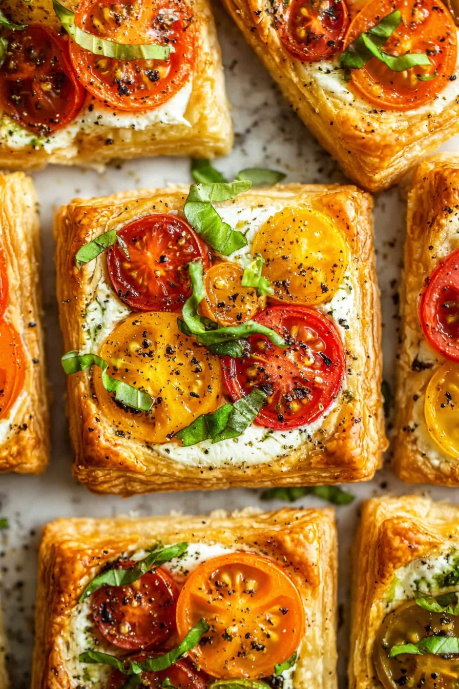 The image shows several square puff pastry tarts arranged close together on a white marbled surface. Each tart has a golden-brown, flaky crust with raised edges creating a border. Inside the border is a creamy white cheese layer that looks soft and smooth. On top, there are halved cherry tomatoes in red, orange, and yellow colors, slightly roasted with a light char, placed evenly. Thin strips of fresh green basil are scattered over the tomatoes, adding a fresh touch. The tarts are sprinkled with black pepper, adding small dark specks contrast to the bright colors. The lighting highlights the shiny, crisp texture of the puff pastry and the vibrant colors of the tomatoes. photo taken with an iphone --ar 2:3 --v 7 - Tomato Ricotta Puff Pastry Tartlets, savory puff pastry appetizer, easy tomato tart recipe, quick vegetarian tartlets, elegant brunch appetizers
