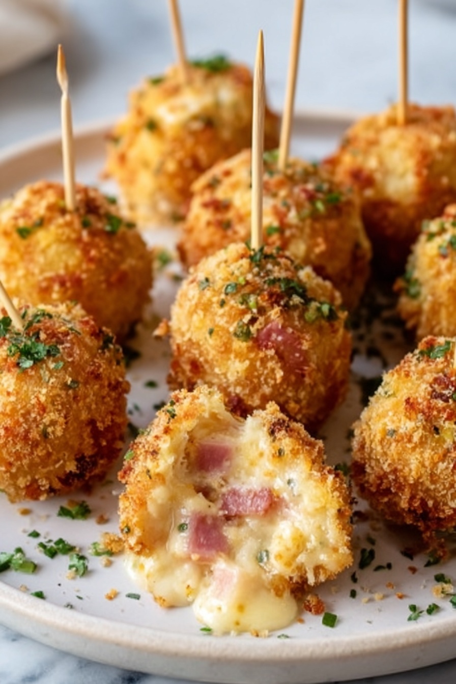 The image shows a white plate on a white marbled surface filled with golden brown crispy balls. Each ball is coated in crunchy breadcrumbs, and one ball in the front is cut open to show a creamy inside with small pieces of pink ham and melted cheese. Toothpicks stick out from the top of each ball, making them easy to pick up. Some green herbs are sprinkled around the plate for decoration. photo taken with an iphone --ar 2:3 --v 7 - Cheese-Stuffed Chicken Cordon Bleu Bites, Chicken Cordon Bleu appetizer, cheesy chicken bites, party appetizer recipes, easy chicken appetizer