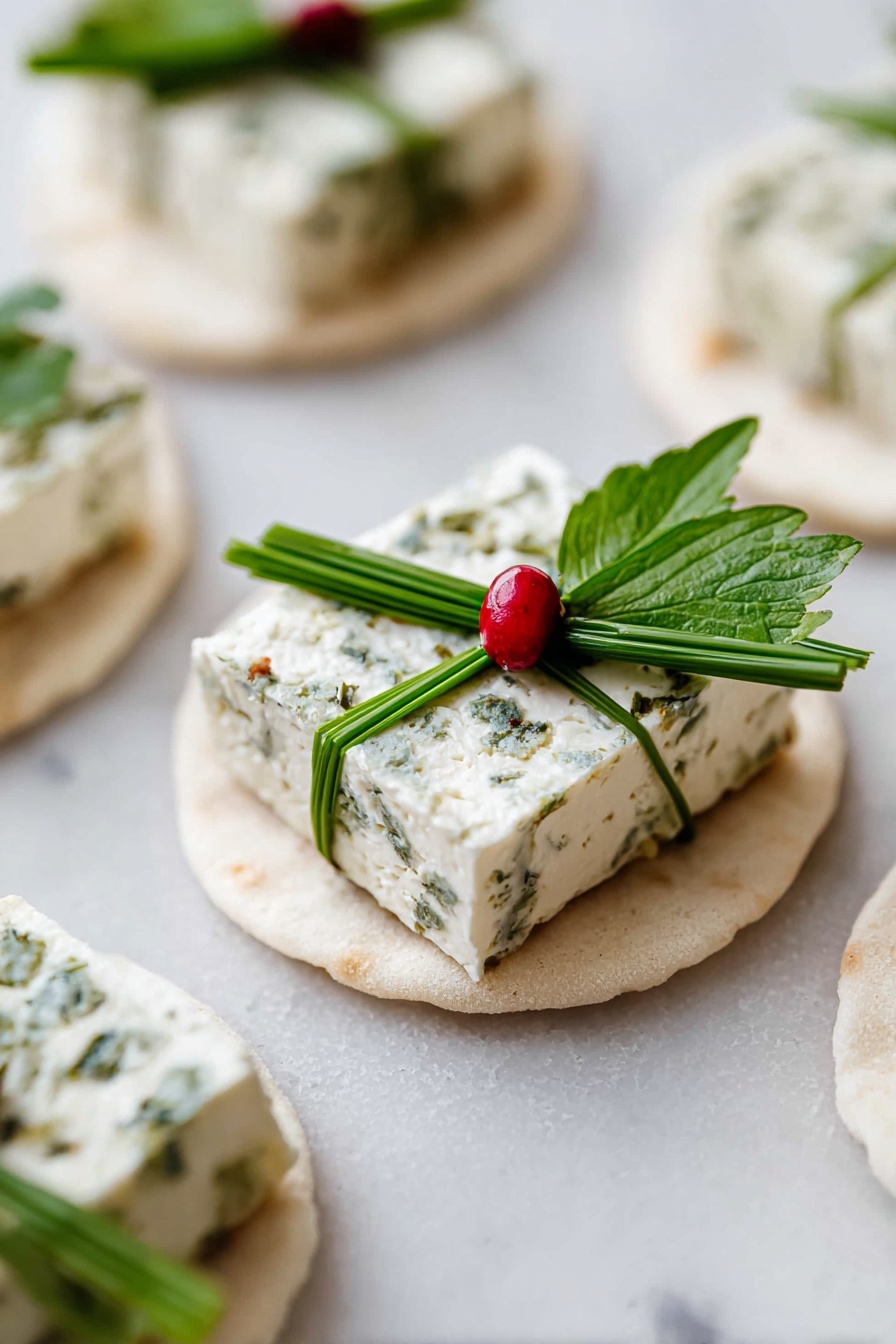 The image shows small round white flatbreads as the base, each topped with a square piece of white cheese speckled with herbs. On top of the cheese, there is a green decoration made of two chive stalks crossed like a ribbon, holding a small green leaf and a single small red berry in the center, making it look like a tiny wrapped gift. The flatbreads and cheese have soft, smooth textures, while the herbs and leaves add fresh green details. These bites are arranged on a white marbled surface in a close-up shot. photo taken with an iphone --ar 2:3 --v 7 - Festive Goat Cheese Christmas Appetizer Bites, Christmas appetizer ideas, holiday party appetizers, easy holiday appetizers, festive cheese bites