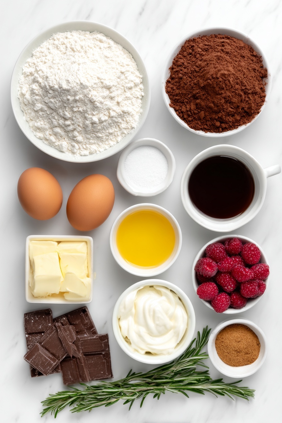 Flat lay of a small pile of all-purpose flour on a white ceramic plate, a small mound of granulated sugar in a white ceramic bowl, a heap of rich cocoa powder on a white ceramic dish, two whole brown eggs with clean shells, a small white bowl of creamy buttermilk, a small white bowl of thick sour cream, a small white bowl containing golden sunflower oil, a small white bowl of dark brewed coffee, chopped pieces of smooth milk chocolate, a sprinkle of lebkuchen spice powder on a white ceramic dish, a pinch of baking soda and baking powder on a small white bowl, a small pile of fine salt on a white ceramic dish, a handful of fresh cranberries and raspberries arranged neatly, and a few fresh rosemary stems placed symmetrically, all arranged with perfect balance and symmetry, placed on a clean white marble surface, soft natural light, photo taken with an iPhone, professional food photography style, fresh ingredients, white ceramic bowls, no bottles, no duplicates, no utensils, no packaging --ar 2:3 --v 7 --p m7354615311229779997 - Gingerbread Chocolate Bundt Cake, holiday dessert recipe, festive chocolate cake, gingerbread spice cake, easy holiday cake