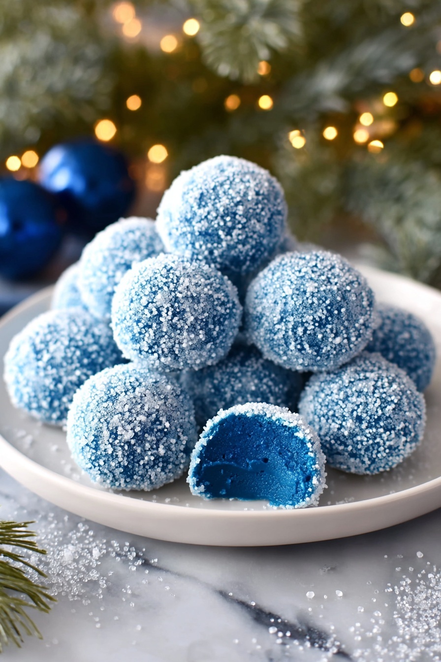A white plate holds a pile of round blue treats covered in sparkling white sugar crystals, creating a glittery texture. One treat in the front has a bite taken out of it, showing a smooth, solid blue inside layer that matches the outer color. The plate sits on a white marbled surface with a few scattered sparkling bits around it, and the background includes blurred green pine branches and warm lights creating a cozy feel. Photo taken with an iphone --ar 2:3 --v 7 - Blue Curacao White Chocolate Truffles, easy blue chocolate truffles, citrus white chocolate desserts, holiday truffle recipes, elegant homemade chocolates