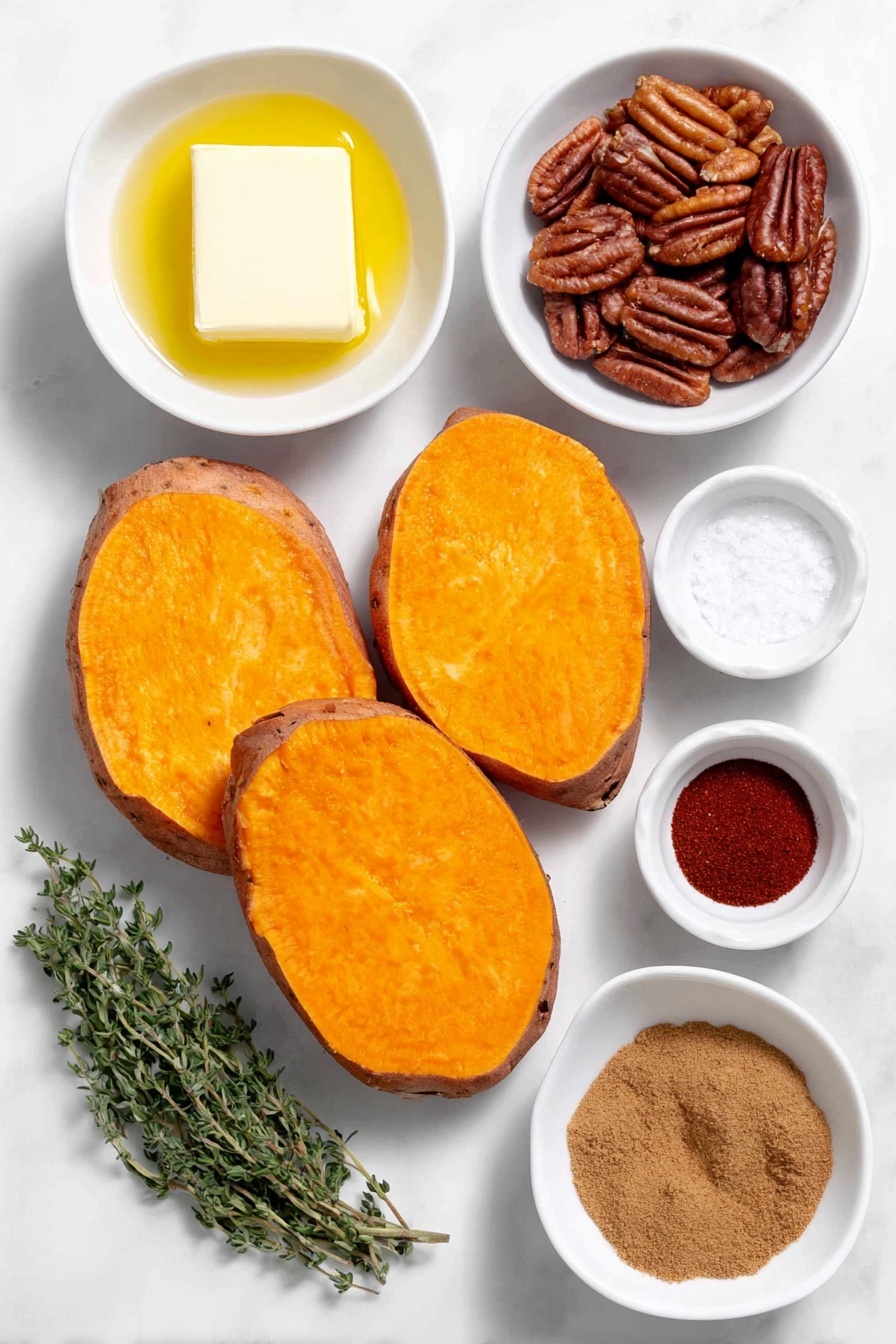 Flat lay of two large sweet potatoes sliced into thick rounds with bright orange flesh, a small white ceramic bowl of golden melted butter, a small white ceramic bowl filled with warm brown cinnamon powder, a small white ceramic bowl containing coarse salt crystals, a small white ceramic bowl with deep red paprika powder, a small white ceramic bowl of freshly ground black pepper, a small white ceramic bowl holding amber maple syrup, a small white ceramic bowl of chopped pecans with their natural brown shells and texture, and a few fresh green thyme sprigs arranged neatly, all placed on a clean white marble surface, soft natural light, photo taken with an iPhone, professional food photography style, fresh ingredients, white ceramic bowls, no bottles, no duplicates, no utensils, no packaging --ar 2:3 --v 7 --p m7354615311229779997 - Sweet Potatoes with Maple Pecan Glaze, maple pecan glazed sweet potatoes, roasted sweet potatoes with maple glaze, easy sweet potato side dish, cozy holiday side recipes