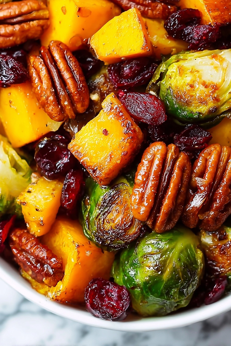 The image shows a close-up of roasted vegetables and nuts in a white bowl. There are bright yellow-orange chunks with a soft texture, roasted green Brussels sprouts with dark brown charred spots, glossy pecans with a smooth ridged surface, and shiny dark red dried cranberries scattered throughout. The colors are warm and rich with a mix of textures from soft to crunchy. The dish looks moist and well-seasoned. The background is a white marbled texture. photo taken with an iphone --ar 2:3 --v 7 - Roasted Brussels Sprouts and Butternut Squash Easy Salad, seasonal fall salad recipes, easy roasted veggie salad, healthy fall side dish, Thanksgiving salad ideas