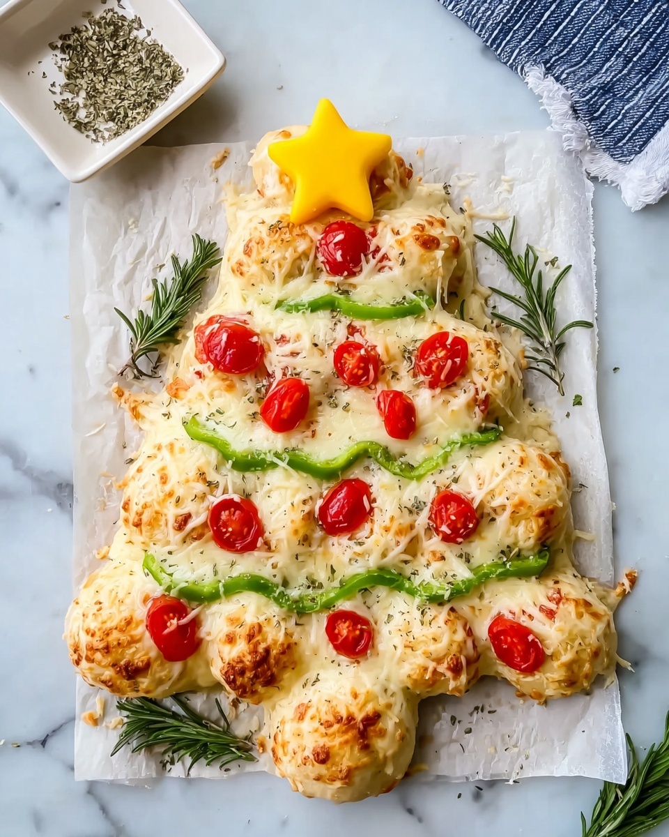 The image shows a Christmas tree-shaped dough made of small round dough balls placed closely together on white parchment paper on a baking tray. The dough is light beige with a slightly smooth texture. On top, there is a layer of shredded white cheese sprinkled evenly across the tree shape. Small red cherry tomatoes and small slices of round pepperoni are placed over the cheese, giving bright red spots. Thin strips of green bell pepper are arranged in a zigzag pattern to look like garlands on the tree. At the bottom center, representing the tree trunk, there is a small cluster of dough balls covered with herbs and spices, creating a darker, speckled appearance. The baking tray is on a white marbled surface, and a striped cloth is partially visible on the left side. photo taken with an iphone --ar 2:3 --v 7 - Christmas Tree Pizza with Pesto and Cheese, festive holiday pizza, easy holiday pizza recipe, Christmas pizza ideas, pesto cheese pizza