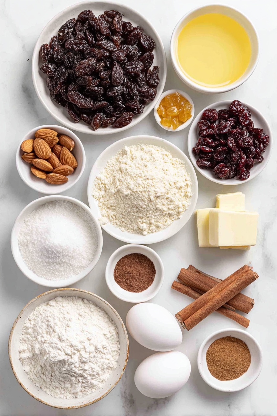 Flat lay of dark raisins in a small white ceramic bowl, golden raisins in a small white ceramic bowl, currants in a small white ceramic bowl, diced candied orange peel in a small white ceramic bowl, dried cranberries cut into pieces in a small white ceramic bowl, whole almonds with skins scattered neatly, a small white ceramic bowl of dark rum, a small white ceramic bowl of orange juice, a small mound of all-purpose flour on a white ceramic plate, a small pile of instant dry yeast granules on a white ceramic plate, a small white ceramic bowl of warm milk, a small heap of salt on a white ceramic plate, small piles of ground cardamom, ground cloves, and ground nutmeg each separately arranged on white ceramic plates, finely grated lemon zest arranged in a small neat pile on a white ceramic plate, a small white ceramic plate with two sticks of unsalted butter, two large whole uncracked eggs with clean shells, a small white ceramic bowl of sugar, a small white ceramic bowl of vegetable oil, small white ceramic bowls of powdered sugar, ground ginger and nutmeg together arranged separately -- all ingredients arranged with perfect symmetry and realistic proportions placed on a clean white marble surface, soft natural light, photo taken with an iPhone, professional food photography style, fresh ingredients, white ceramic bowls, no bottles, no duplicates, no utensils, no packaging --ar 2:3 --v 7 --p m7354615311229779997 - Traditional Christmas Stollen Bread, Christmas Stollen Bread, Holiday Stollen Bake, Festive Christmas Bread, Christmas Fruit Bread