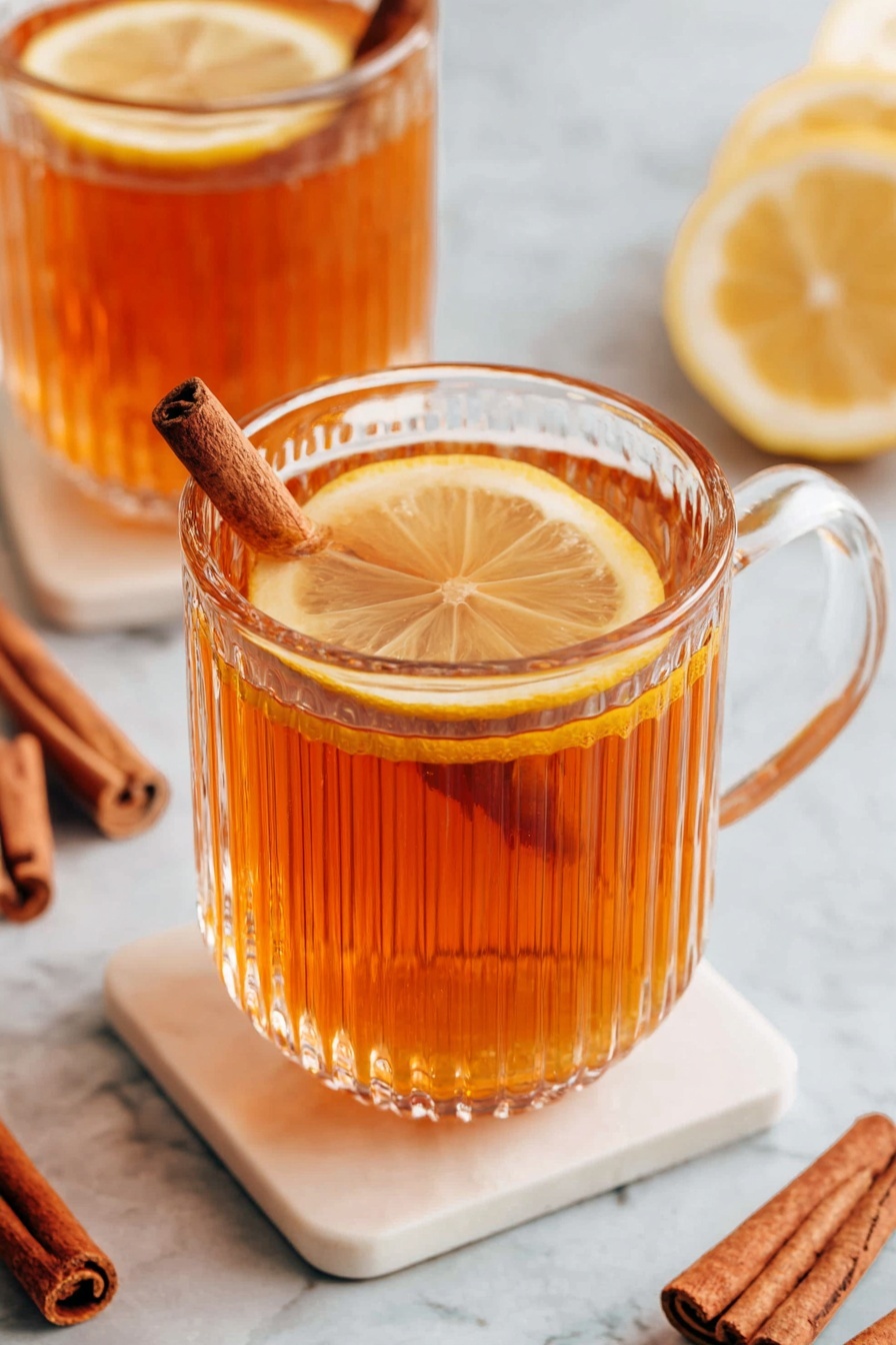 A clear glass cup with vertical ridges is filled with warm amber tea, topped with a thin round lemon slice floating on the surface. A single cinnamon stick rests horizontally on the rim of the cup. The cup sits on a white marbled square coaster, with more cinnamon sticks scattered nearby on a white marbled surface. Another similar cup with the same tea and garnish is placed slightly out of focus in the background. Photo taken with an iphone --ar 2:3 --v 7 - Non-Alcoholic Spiced Hot Toddy, cozy non-alcoholic winter drinks, warm spicy tea with lemon and honey, alcohol-free hot toddy recipe, comforting hot beverage