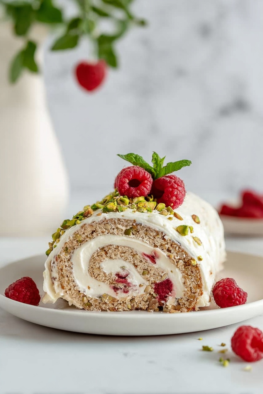 A single slice of a rolled cake is shown on a white plate, featuring two main layers: a light brown cake layer with visible bits of nuts or seeds, and a thick white cream filling spiraled inside. Small red fruit pieces, likely raspberries, are embedded within the cream filling. The outside of the roll is coated in white cream and topped with chopped green pistachios, two fresh raspberries, and a small green mint leaf. The background is softly blurred with a white marbled surface and a white vase containing green leaves and a single hanging raspberry. A few loose raspberries are scattered near the plate. Photo taken with an iphone --ar 2:3 --v 7 - Christmas Raspberry Pistachio Roulade, festive raspberry pistachio swiss roll, holiday raspberry pistachio dessert, Christmas roulade with raspberries and pistachios, festive white chocolate berry roll
