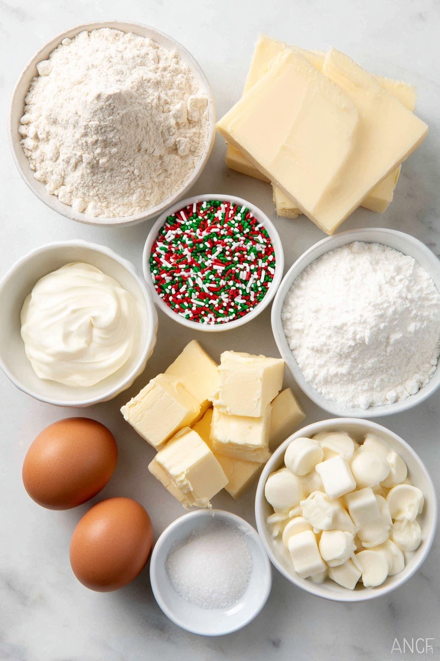 Flat lay of a small mound of all-purpose flour, a small pile of fine white granulated sugar, two whole large brown eggs with clean shells, a half cup of unsalted butter cut into chunks, a small white bowl of Christmas sprinkles in red, green, and white colors, a small white bowl of smooth sour cream, a small white bowl of heavy cream, a block of cream cheese with a creamy texture and slight gloss, a small white bowl of white chocolate chips, a small white bowl of milk, a small white bowl of pure vanilla extract, a pinch of salt spilled delicately, and a tiny white bowl of baking soda, all arranged symmetrically and balanced, placed on a clean white marble surface, soft natural light, photo taken with an iPhone, professional food photography style, fresh ingredients, white ceramic bowls, no bottles, no duplicates, no utensils, no packaging --ar 2:3 --v 7 --p m7354615311229779997 - Sugar Cookie Cheesecake, sugar cookie cheesecake recipe, festive cheesecake, cookie dough cheesecake, dessert with sprinkles