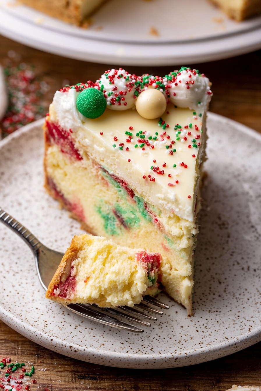 A slice of colorful cheesecake on a white speckled plate, showing two main layers: the bottom layer is a creamy yellow cheesecake with red and green spots inside it, and the top layer is a thicker cake with visible red and green patches. The edge of the cheesecake is decorated with white frosting and small red, green, and white sprinkles, along with small round beige balls with sprinkles. A silver fork rests on the plate, holding a bite-sized piece of cheesecake. The background is a wooden surface, with some sprinkles scattered around the plate photo taken with an iphone --ar 2:3 --v 7 - Sugar Cookie Cheesecake, sugar cookie cheesecake recipe, festive cheesecake, cookie dough cheesecake, dessert with sprinkles