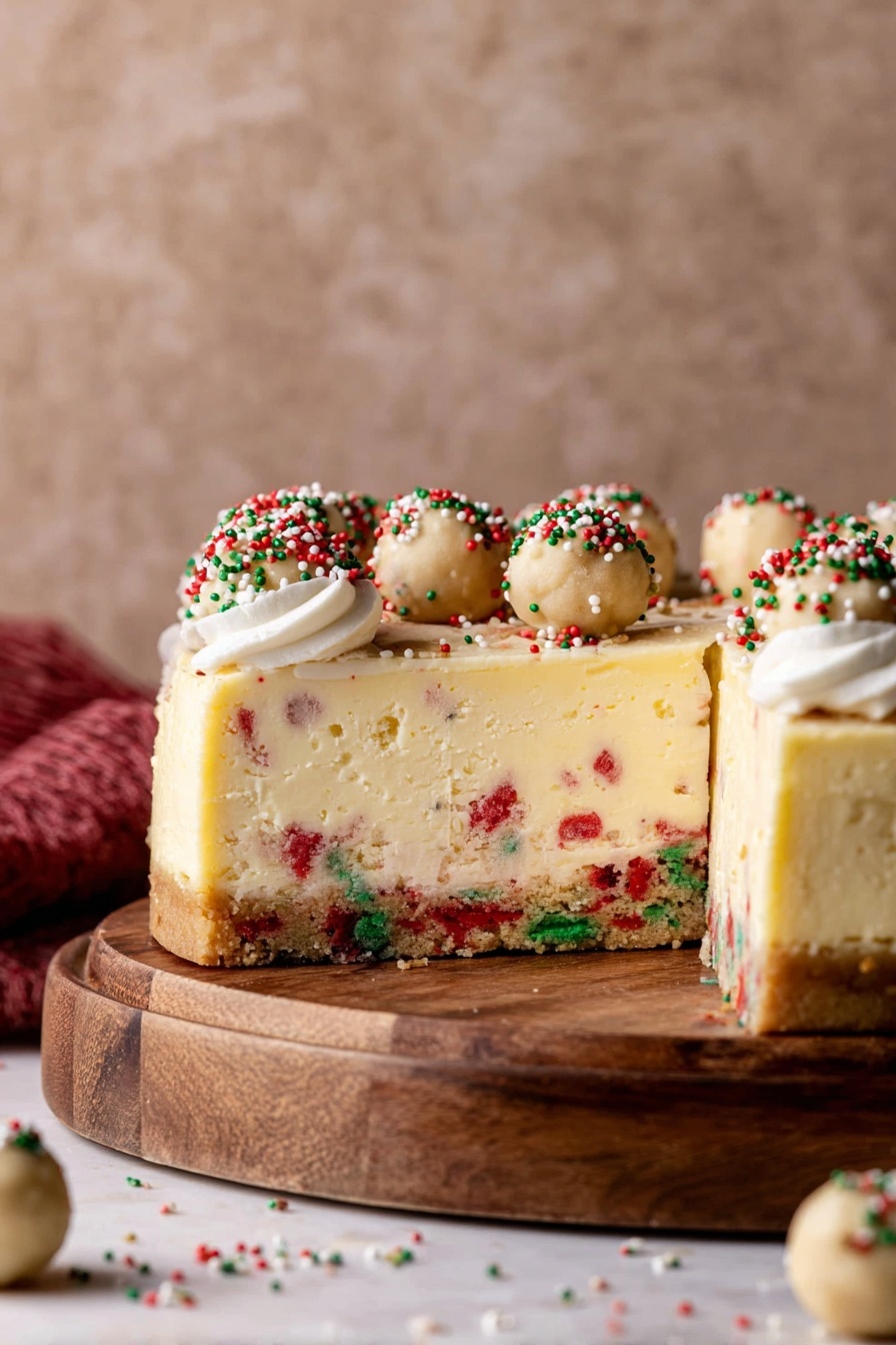 The image shows a slice of cake with three main layers on a white plate with brown speckles, placed on a white marbled surface. The bottom layer is thick and chewy with colorful red and green spots mixed in, looking like cookie dough. The middle layer is creamy and smooth with a pale yellow color and faint red and green spots inside. The top layer is a thin smooth frosting in light cream color, decorated with red, green, and white small round sprinkles, and two small round cookie-like balls on the top right. A silver fork lies next to the slice on the plate. In the background, there is a blurred look of another slice of cake and a gold decorative ball. Photo taken with an iphone --ar 2:3 --v 7 - Sugar Cookie Cheesecake, sugar cookie cheesecake recipe, festive cheesecake, cookie dough cheesecake, dessert with sprinkles