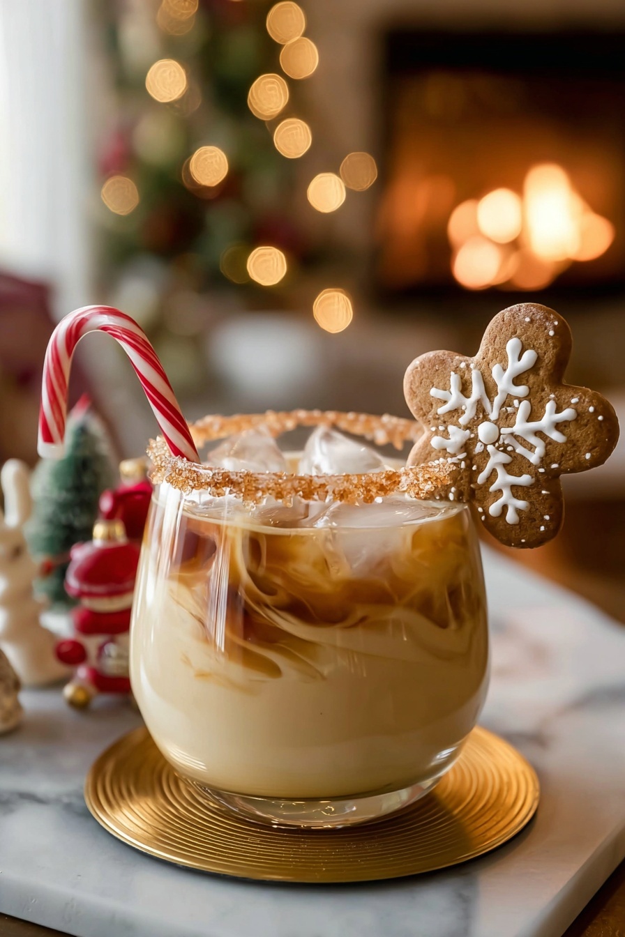 A short round glass filled with a creamy light beige drink with swirls of dark brown mixing in the middle and ice cubes floating at the top, the rim of the glass coated in sugar crystals that look light brown, a gingerbread cookie shaped like a flower decorated with white icing resting on the rim, and a small red and white striped candy cane sticking out beside it; in the background, small blurred Christmas decorations and a warm glowing fire add a cozy feeling, all placed on a shiny gold coaster over a white marbled surface. photo taken with an iphone --ar 2:3 --v 7 - Gingerbread White Russian Cocktail, holiday coffee cocktails, festive holiday drinks, creamy holiday cocktails, gingerbread liqueur drinks