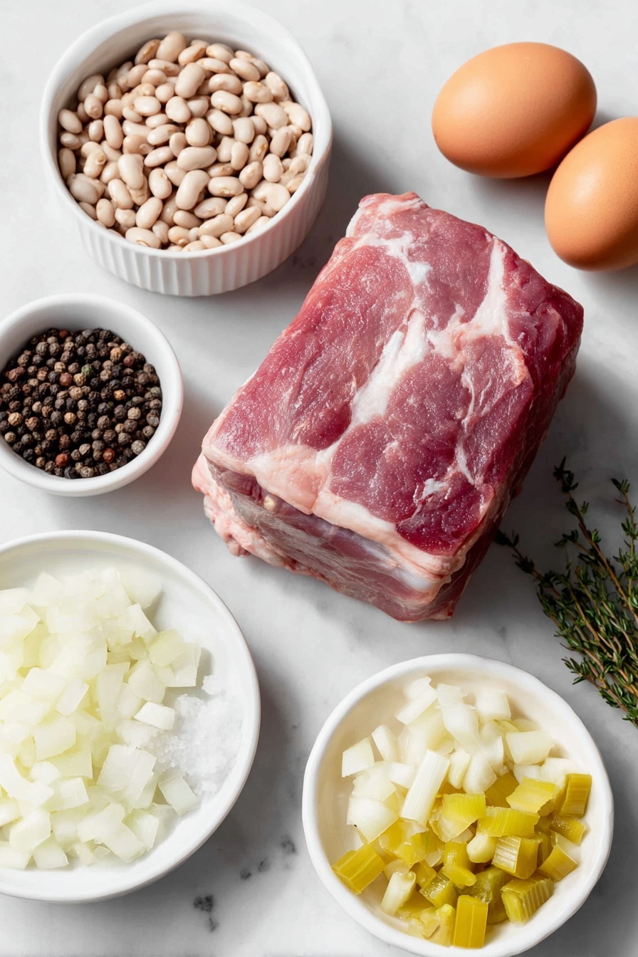 Flat lay of a small mound of dried navy beans, a fresh pink ham bone with bits of meat attached, half a large white onion diced, one large celery rib diced, five peeled garlic cloves, a small bundle of fresh thyme sprigs, a small white bowl of coarse sea salt, a small white bowl of black peppercorns, a small white bowl of water, one large diced orange carrot, and two whole brown eggs placed symmetrically on simple white ceramic dishes and bowls, all ingredients fresh and natural, placed on a clean white marble surface, soft natural light, photo taken with an iPhone, professional food photography style, fresh ingredients, white ceramic bowls, no bottles, no duplicates, no utensils, no packaging --ar 2:3 --v 7 --p m7354615311229779997 - Ham and Bean Soup, hearty ham and bean soup, easy ham and bean soup recipe, comforting bean and ham soup, simple ham and bean dinner