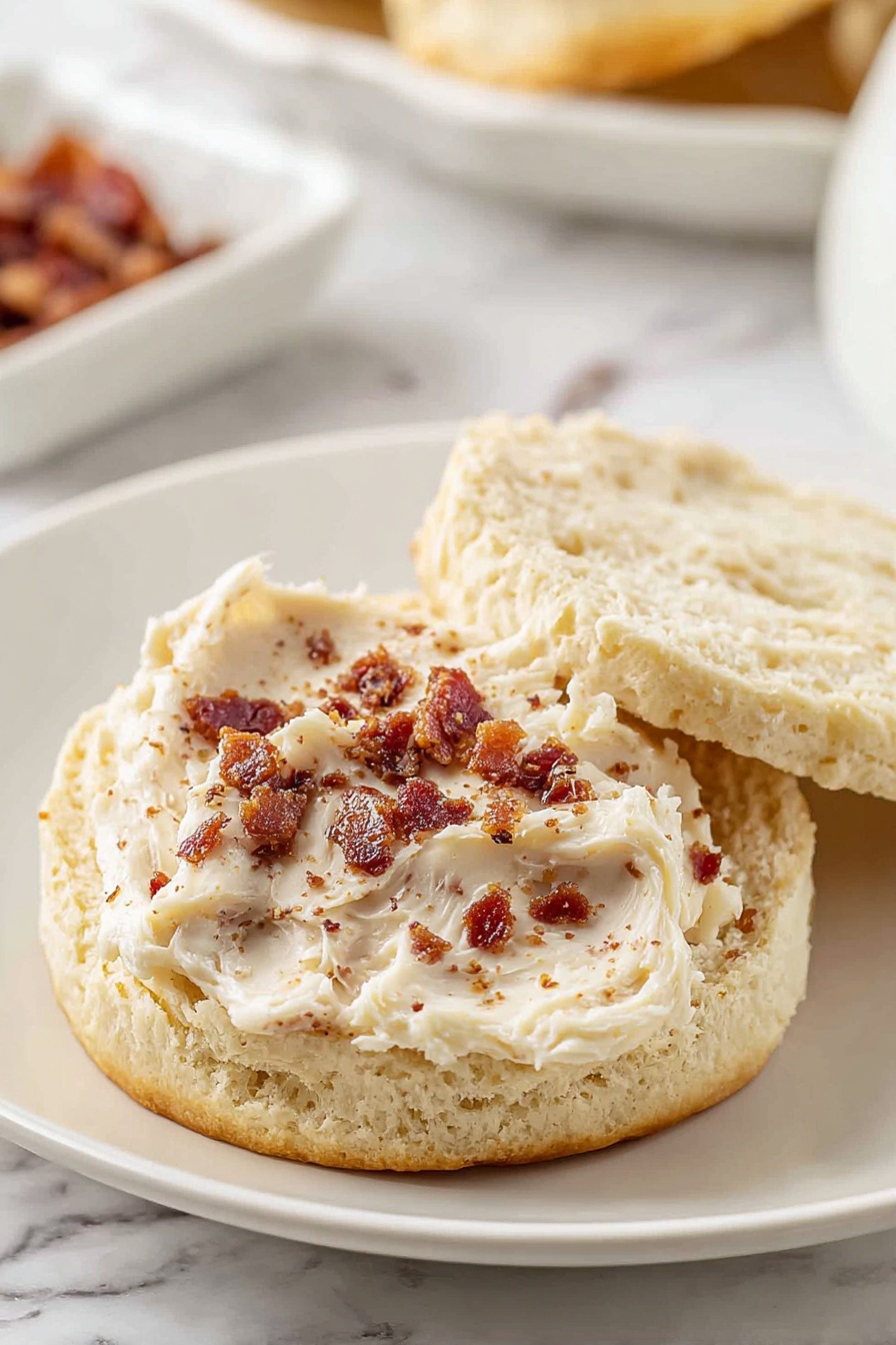 The image shows a close-up of a white round plate with one biscuit split into two halves, the top half lying slightly behind the bottom half. The bottom biscuit layer is crumbly and golden beige in color, with a spread of creamy butter mixed with small brown bacon bits on top. The butter has a smooth texture with visible spec of spices. The background surface is white marble, and there is a blurred white dish with more biscuits and a small white square dish with bacon pieces in the background. Photo taken with an iphone --ar 2:3 --v 7 - Bacon Butter, Bacon Butter recipe, savory butter spread, smoky bacon butter, easy bacon butter