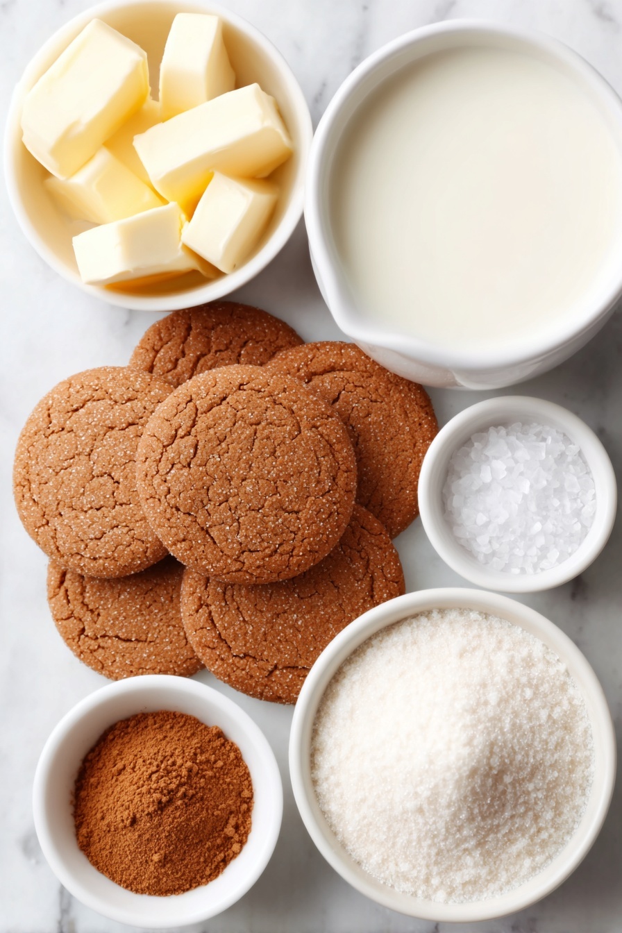 Flat lay of whole gingersnap cookies arranged in a small cluster, a small white ceramic bowl of whole milk, a few small cubes of unsalted butter stacked neatly, a small white bowl holding smooth vanilla extract, a small white bowl with warm ground cinnamon powder, a small white bowl filled with fine powdered sugar, and a small white bowl containing fine sea salt crystals, all placed with perfect symmetry on a clean white marble surface, soft natural light, photo taken with an iPhone, professional food photography style, fresh ingredients, white ceramic bowls, no bottles, no duplicates, no utensils, no packaging --ar 2:3 --v 7 --p m7354615311229779997 - Homemade Cookie Butter Spread, Easy Cookie Butter Spread, Spiced Cookie Butter, Gingersnap Cookie Spread, DIY Cookie Butter