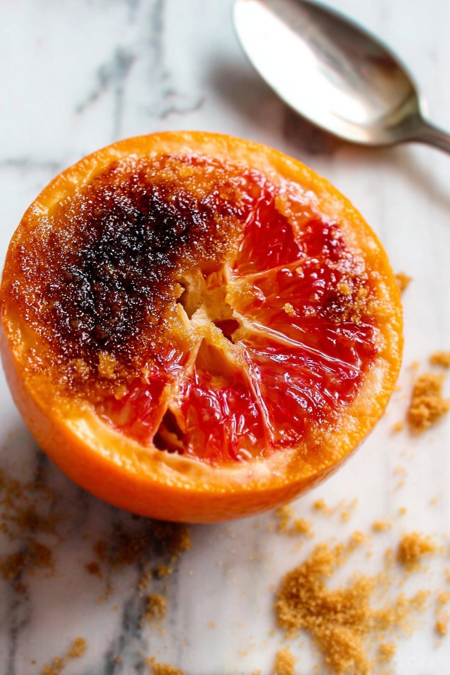 A single halved orange fruit sits on a white marbled surface, with the top layer showing a dark caramelized sugar crust that is unevenly burnt in some spots, creating a mix of shiny amber and deep brown texture. Beneath this top layer, the bright orange flesh of the fruit is glossy and juicy, slightly recessed where a section has been removed to reveal the inner segments that are a vibrant reddish-orange color. Small scattered crumbs of brown sugar lie around the fruit, along with part of a silver spoon in the top right corner. photo taken with an iphone --ar 2:3 --v 7 - Caramelized Brown Sugar Grapefruit Brûlée, grapefruit dessert, caramelized grapefruit, quick fruit dessert, easy brunch ideas