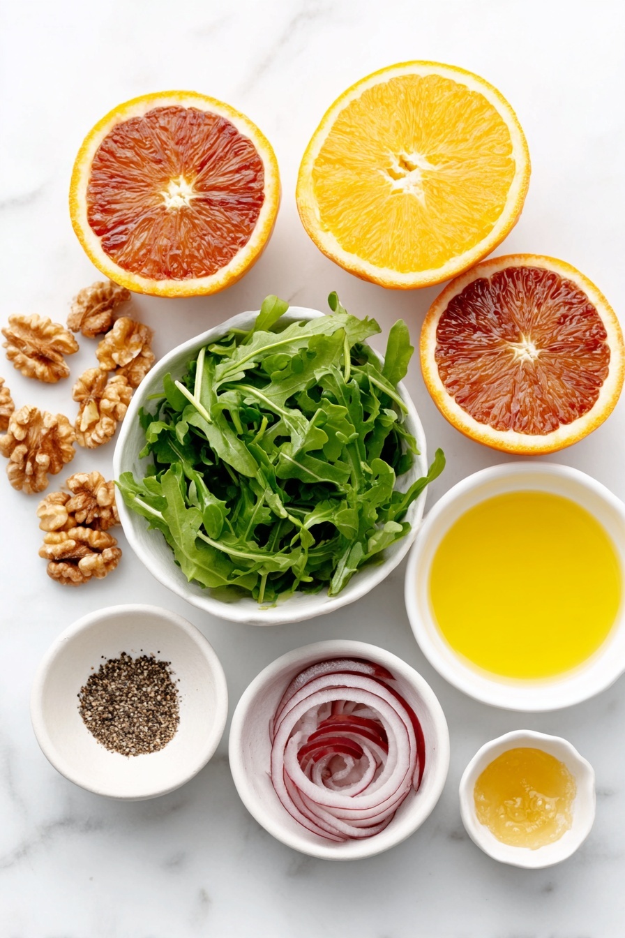 Flat lay of five whole fresh citrus fruits including blood oranges, navel oranges, and grapefruit, a small bunch of vibrant green arugula leaves, thinly sliced rings of red onion arranged neatly, a small white ceramic bowl filled with bright yellow lemon juice, a small white ceramic bowl holding golden extra virgin olive oil, a small white ceramic bowl with smooth pale Dijon mustard, a small white ceramic bowl containing clear amber honey, a small white ceramic bowl with coarse sea salt crystals, a small white ceramic bowl with freshly ground black pepper, and a handful of whole walnuts scattered artfully, all placed on a clean white marble surface, soft natural light, photo taken with an iPhone, professional food photography style, fresh ingredients, white ceramic bowls, no bottles, no duplicates, no utensils, no packaging --ar 2:3 --v 7 --p m7354615311229779997 - Refreshing Citrus Salad with Walnut Dressing, citrus salad, walnut dressing recipe, healthy citrus salad, easy fruit salad