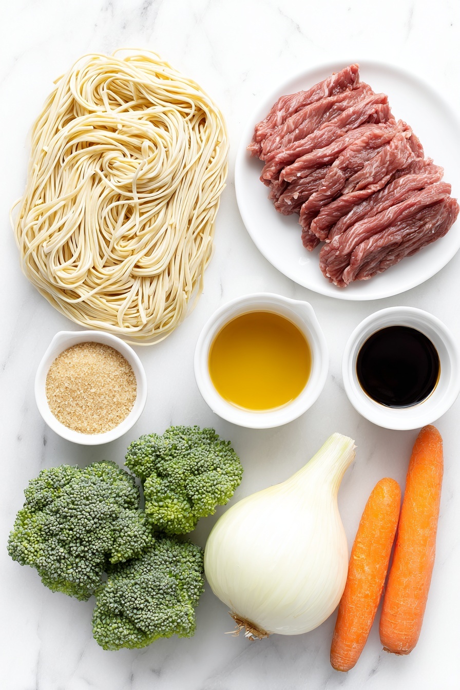 Flat lay of fresh thin lo mein noodles neatly coiled, a small white bowl of glossy dark soy sauce, a small white bowl of amber sesame oil, bright orange whole carrots with green tops, vibrant green broccoli florets, a large white onion whole and unpeeled, four fresh garlic cloves unpeeled, a small white bowl filled with hot water, thin raw beef strips arranged artfully on a simple white ceramic plate, a few granules of brown sugar scattered beside a small white bowl, all ingredients placed in perfect symmetry on a clean white marble surface, soft natural light, photo taken with an iPhone, professional food photography style, fresh ingredients, white ceramic bowls, no bottles, no duplicates, no utensils, no packaging --ar 2:3 --v 7 --p m7354615311229779997 - Easy Beef Lo Mein, beef lo mein stir fry, quick homemade lo mein, savory beef noodle dish, Chinese beef noodles