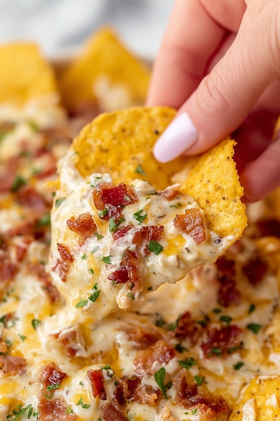 A close-up shot shows a woman's hand picking up a yellow corn chip loaded with creamy, melted cheese, small crispy bacon bits, finely chopped green herbs, and soft white chunks, all layered on top. The chip has a rough texture and the cheese looks smooth and soft with a mix of white and golden-yellow colors. The background is filled with more chips covered in the same cheesy mixture, and the surface beneath has a white marbled texture. photo taken with an iphone --ar 2:3 --v 7 - Crack Chicken Dip, cheesy bacon chicken dip, creamy chicken appetizer, crowd-pleasing dip recipes, easy party appetizers