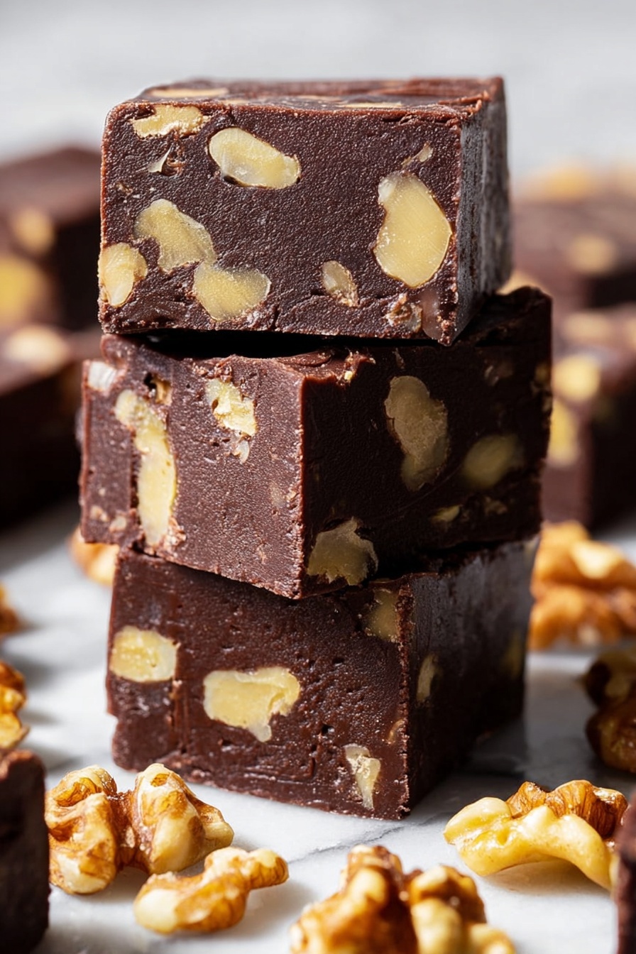 The image shows a stack of six thick, dark brown chocolate fudge squares with visible chunks of light beige walnuts inside. One square on top has a bite taken out, showing a smooth and dense texture inside with walnut pieces. The fudge pieces are arranged on a crumpled white paper over a white marbled surface. Around the fudge, there are some loose walnut halves scattered, and a blurred plate with more walnuts is in the background. A few flakes of white salt are sprinkled on the fudge top. Photo taken with an iphone --ar 2:3 --v 7 - Easy Chocolate Fudge, quick chocolate fudge, creamy chocolate fudge recipe, homemade fudge, simple dessert recipes