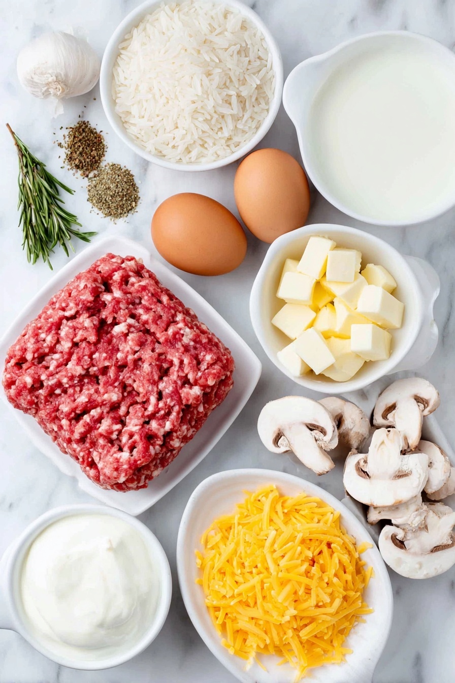 Flat lay of fresh raw ground beef patty, a small pile of Italian seasoning herbs, two whole brown eggs with clean shells, a few cubes of creamy butter, a small mound of diced white onions, a small heap of minced garlic cloves, a simple white bowl filled with beef broth, a small pile of uncooked white long grain rice, fresh sliced white button mushrooms, a small white bowl of smooth cream of mushroom soup, a small white bowl of fresh milk, a small dollop of thick sour cream on a white plate, and shredded bright orange cheddar cheese scattered neatly, all ingredients arranged with perfect symmetry on simple white ceramic bowls and plates, placed on a clean white marble surface, soft natural light, photo taken with an iPhone, professional food photography style, fresh ingredients, white ceramic bowls, no bottles, no duplicates, no utensils, no packaging --ar 2:3 --v 7 --p m7354615311229779997 - Cheesy Ground Beef and Rice Casserole, ground beef casserole, cheesy beef rice bake, easy beef casserole, comfort food recipes