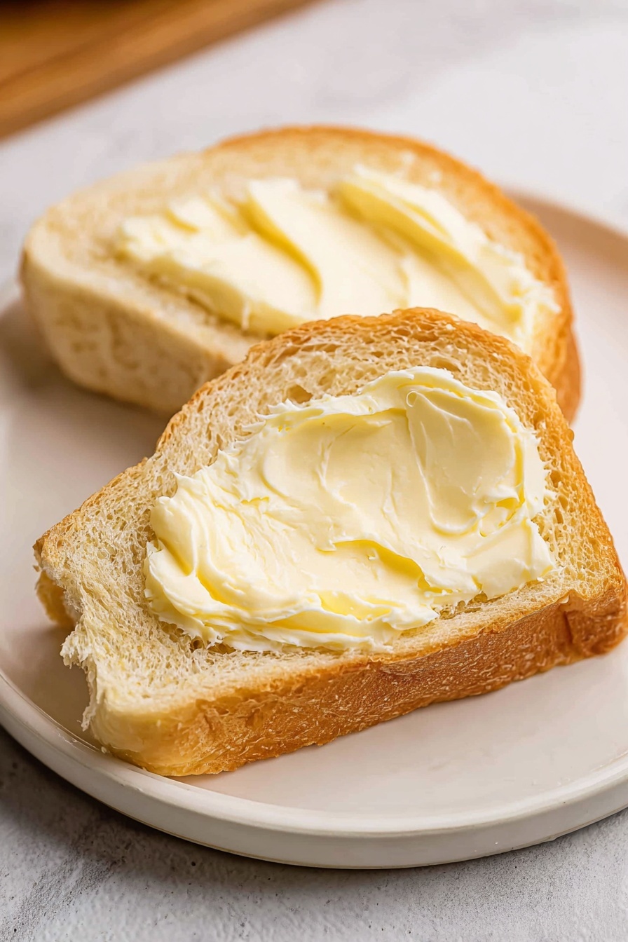 The image shows two slices of bread with a golden-brown crust and a soft beige inside. Each slice is spread thickly with a smooth, creamy pale yellow butter. The bread slices are placed on a simple white plate, which rests on a white marbled surface. The texture of the butter looks soft and easy to spread, with visible swirls and layers on the top. photo taken with an iphone --ar 2:3 --v 7 - Homemade Butter, homemade butter from scratch, how to make butter, butter recipe, fresh homemade butter