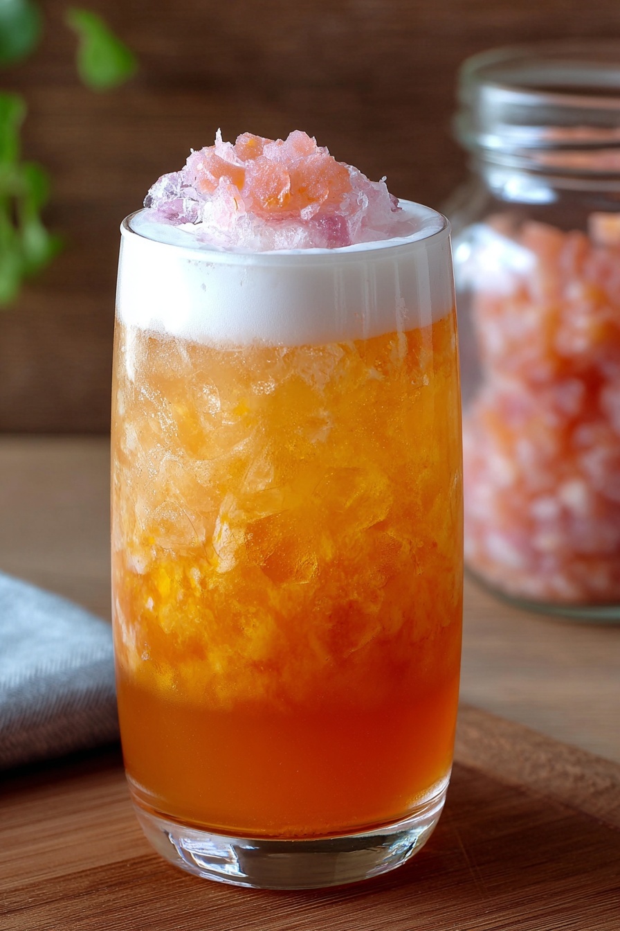 The image shows a clear glass filled with three main layers: the bottom layer is orange liquid with some small pieces of pinkish fruit or pulp, the middle layer is a lighter orange liquid mixed with crushed ice giving it a textured look, and the top layer is white foam with a small pile of pinkish crushed pieces sitting on it. The glass itself is placed on a brown wooden surface with a blurred background that includes a glass jar holding more pinkish fruit pieces. The overall look is fresh and inviting. photo taken with an iphone --ar 2:3 --v 7 - Grapefruit Honey Cheong, grapefruit syrup recipe, Korean syrup recipe, citrus honey syrup, homemade fruit syrups