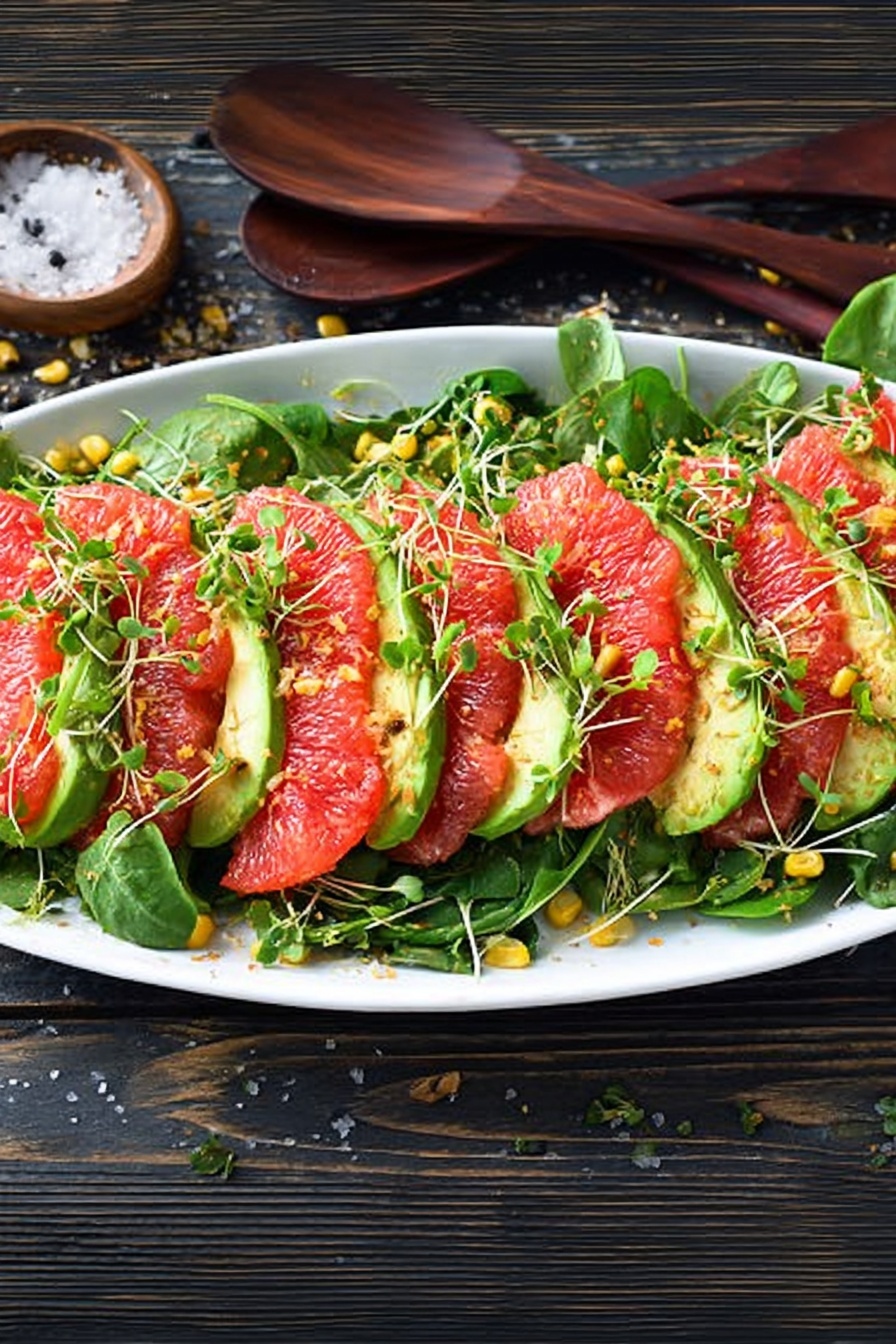 A long white plate filled with a fresh salad. The bottom layer is green spinach leaves, topped with curved slices of red grapefruit arranged in neat rows. Bright green avocado slices alternate with the grapefruit, also in rows. On top of the fruit and greens, small bright green sprouts are scattered evenly. There are small, toasted yellow corn kernels spread across the salad. The background is a dark wooden surface with some salt and crushed pepper sprinkled around, and two dark wooden spoons are placed near the top right part of the frame. Photo taken with an iphone --ar 2:3 --v 7 - Grapefruit and Avocado Salad with Pistachios, citrus avocado salad, healthy grapefruit salad, easy citrus salad, light summer salad