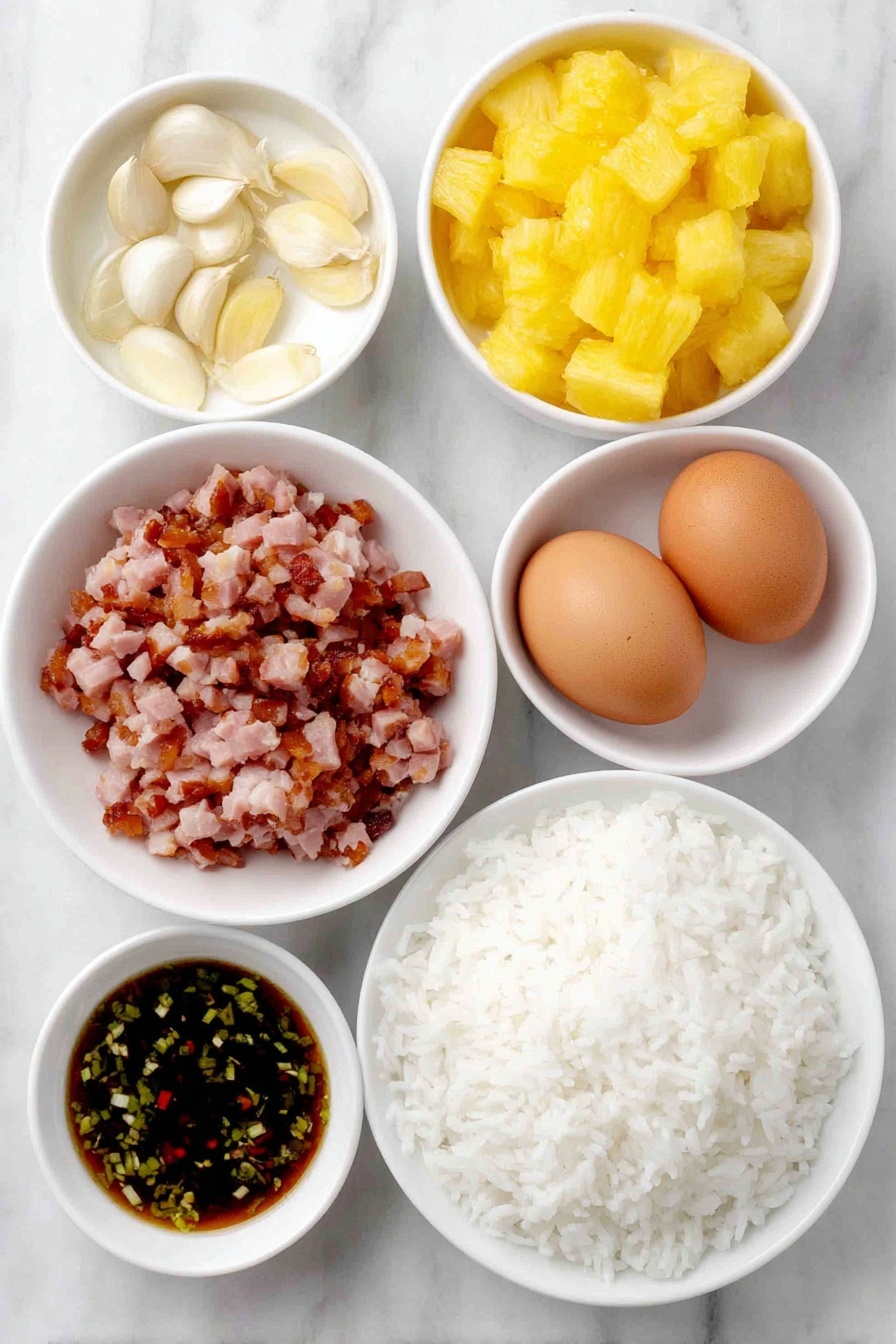 Flat lay of diced leftover ham, small white bowl of soy sauce mixed with pineapple juice, diced fresh pineapple, diced red bell pepper, two whole brown eggs with clean shells, two cloves of whole garlic, a small white bowl of peanut oil, a mound of fluffy cooked long grain rice, all arranged symmetrically with perfect proportions in simple white ceramic bowls and plates, placed on a clean white marble surface, soft natural light, photo taken with an iPhone, professional food photography style, fresh ingredients, white ceramic bowls, no bottles, no duplicates, no utensils, no packaging --ar 2:3 --v 7 --p m7354615311229779997 - Leftover Ham Pineapple Fried Rice, pineapple fried rice recipe, quick leftover fried rice, easy ham fried rice, savory pineapple rice dish
