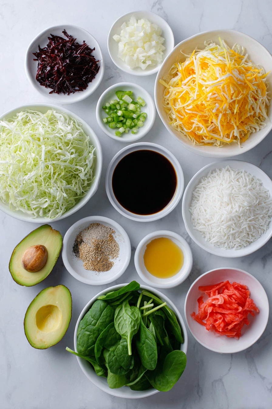 Flat lay of finely grated red apple with skin on, finely grated white onion, three peeled garlic cloves, a thumb-sized piece of fresh ginger, a small white ceramic bowl with dark soy sauce, a small white ceramic bowl with golden sesame oil, a small white ceramic bowl with light brown mirin, a small white ceramic bowl with soft brown sugar, a small white ceramic bowl with black pepper, a small white ceramic bowl with rice vinegar, a fresh whole carrot peeled, whole ripe avocado halved with seed showing, fresh baby spinach leaves, fresh baby cos/romaine lettuce torn into bite size pieces, a handful of white sesame seeds, one green onion with finely sliced green tops, a small pile of white medium grain rice, a small white ceramic bowl with light golden canola oil, and a small pile of bright pink pickled ginger, placed on a clean white marble surface, soft natural light, photo taken with an iPhone, professional food photography style, fresh ingredients, white ceramic bowls, no bottles, no duplicates, no utensils, no packaging --ar 2:3 --v 7 --p m7354615311229779997 - Korean Beef Bulgogi Rice Bowls, Korean Beef Bulgogi, Bulgogi Rice Bowls, Korean stir-fry bowls, easy Korean beef recipes