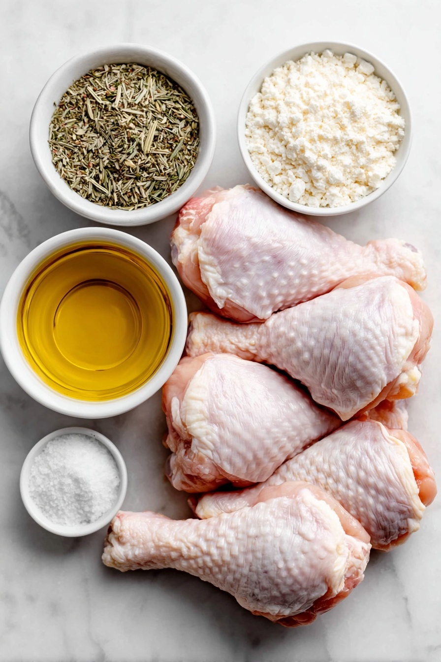 Flat lay of fresh, raw chicken drumsticks with clean skin and no excess fat, a small white ceramic bowl of golden olive oil, a small white ceramic bowl filled with brown poultry seasoning powder, a small white ceramic bowl containing coarse salt crystals, a small white ceramic bowl with black peppercorns, and a small white ceramic bowl of fine baking powder, all arranged symmetrically on a clean white marble surface, soft natural light, photo taken with an iPhone, professional food photography style, fresh ingredients, white ceramic bowls, no bottles, no duplicates, no utensils, no packaging --ar 2:3 --v 7 --p m7354615311229779997 - Crispy Baked Chicken Legs, baked chicken legs with crispy skin, easy baked chicken drumsticks, flavorful baked chicken thighs, crispy oven baked chicken
