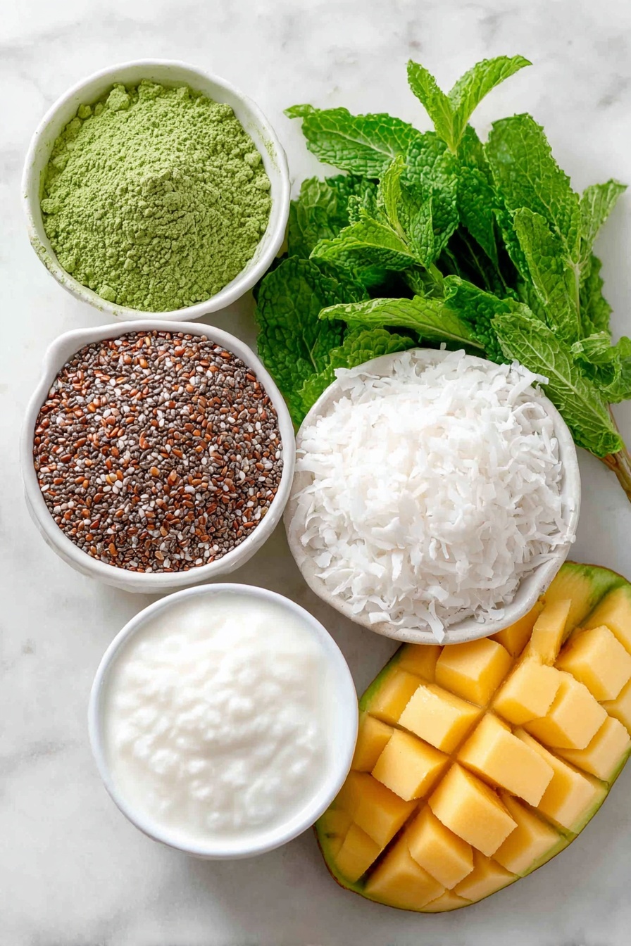 Flat lay of small white ceramic bowls containing raw chia seeds, bright green matcha powder, creamy coconut milk, and delicate white coconut flakes, a large peeled mango cut into vibrant golden cubes, fresh mint leaves with bright green hues arranged neatly, all ingredients fresh and natural, placed on a clean white marble surface, soft natural light, photo taken with an iPhone, professional food photography style, fresh ingredients, white ceramic bowls, no bottles, no duplicates, no utensils, no packaging --ar 2:3 --v 7 --p m7354615311229779997 - Vegan Mango Matcha Chia Pudding, healthy vegan breakfast, gluten-free chia pudding, tropical mango chia parfait, antioxidant-rich vegan snack