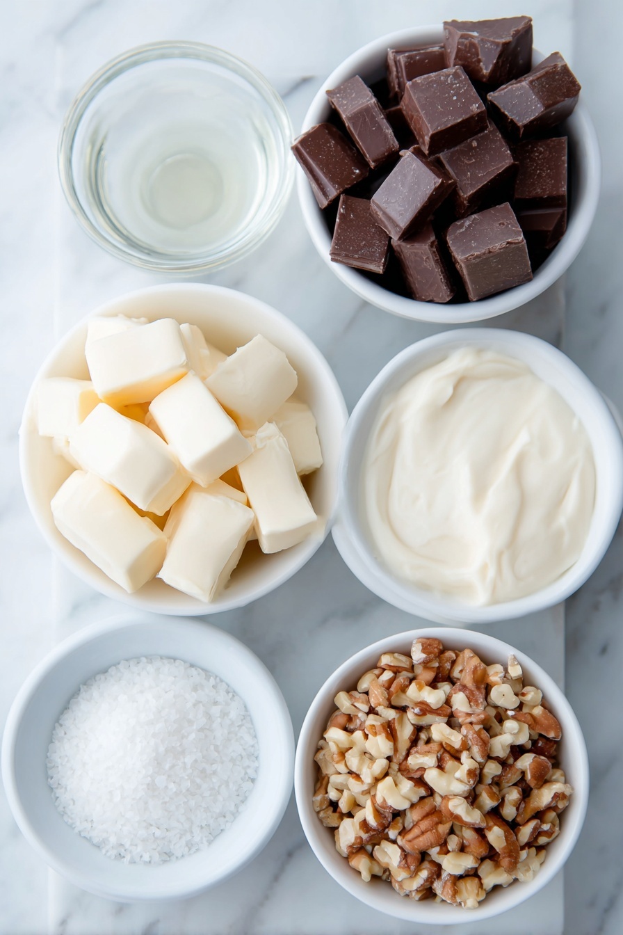Flat lay of a small white ceramic bowl filled with thick sweetened condensed milk, a few glossy semi-sweet chocolate chunks roughly chopped, several soft pale yellow pieces of unsalted butter at room temperature, a small white ceramic bowl holding clear pure vanilla extract, a small white ceramic bowl with flaky sea salt crystals, and a small white ceramic bowl containing chopped mixed nuts, all arranged symmetrically and balanced, placed on a clean white marble surface, soft natural light, photo taken with an iPhone, professional food photography style, fresh ingredients, white ceramic bowls, no bottles, no duplicates, no utensils, no packaging --ar 2:3 --v 7 --p m7354615311229779997 - Easy Chocolate Fudge, quick chocolate fudge, creamy chocolate fudge recipe, homemade fudge, simple dessert recipes