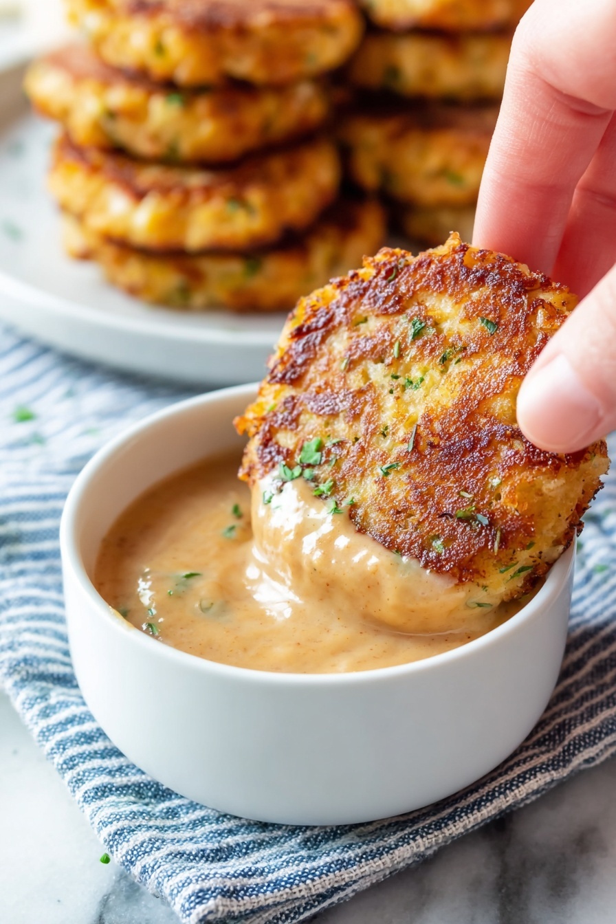 A close-up view shows a golden-brown, crispy round patty with green herb bits being dipped into a bowl of thick, creamy light brown sauce. The bowl is white and sits on a blue-striped cloth over a white marbled surface. In the background, several more patties are stacked on a white plate, slightly blurred. A woman's hand gently holds the patty from the top right side. photo taken with an iphone --ar 2:3 --v 7 - Ham and Cheese Potato Croquettes, cheesy ham croquettes, potato croquettes with ham and cheese, savory potato bites, easy ham croquettes recipe